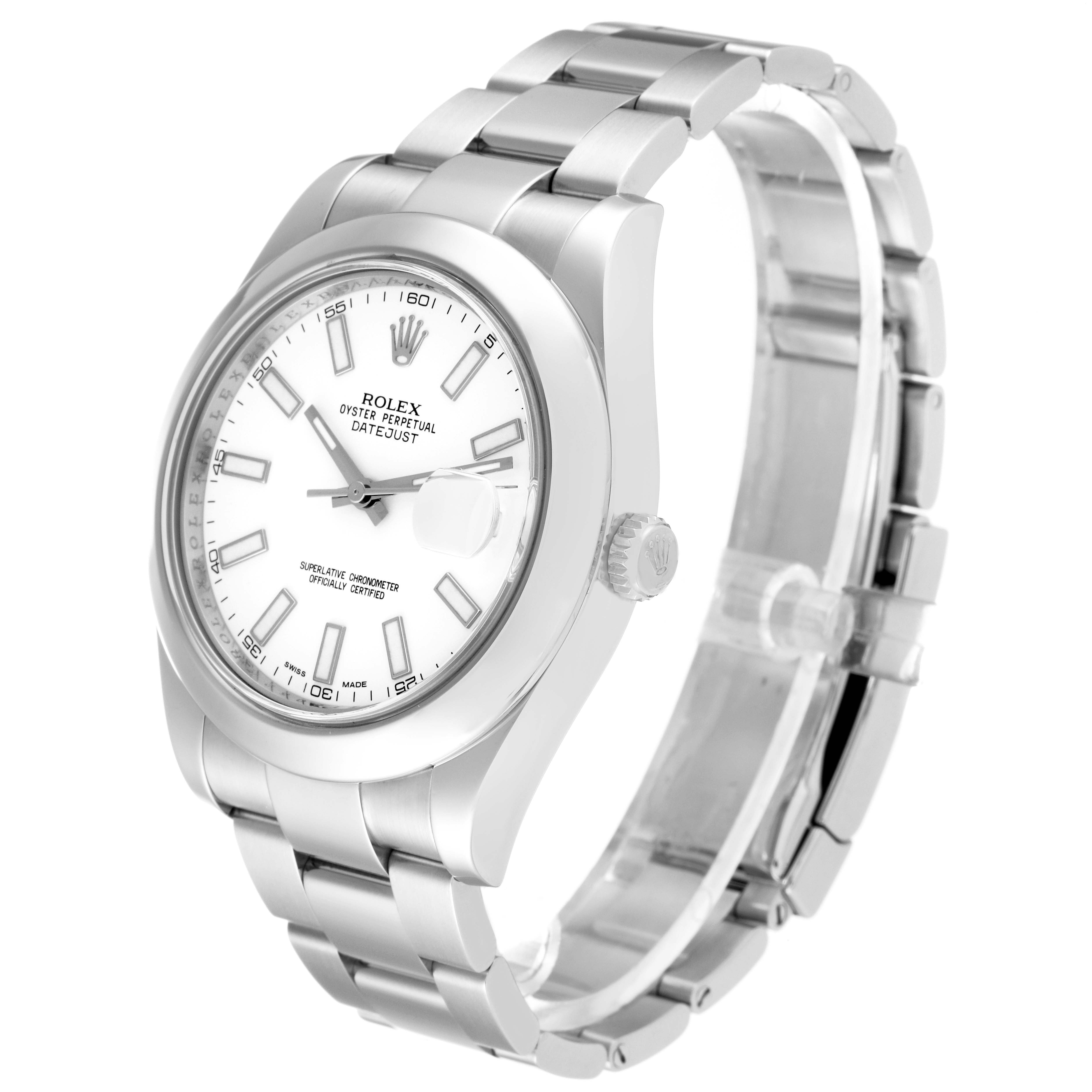 The Rolex Datejust 41 116300 Men's Stainless Steel White Dial 116300 Men's Stainless Steel White Dial model is shown at a three-quarter angle, displaying the dial, bezel, crown, and bracelet.