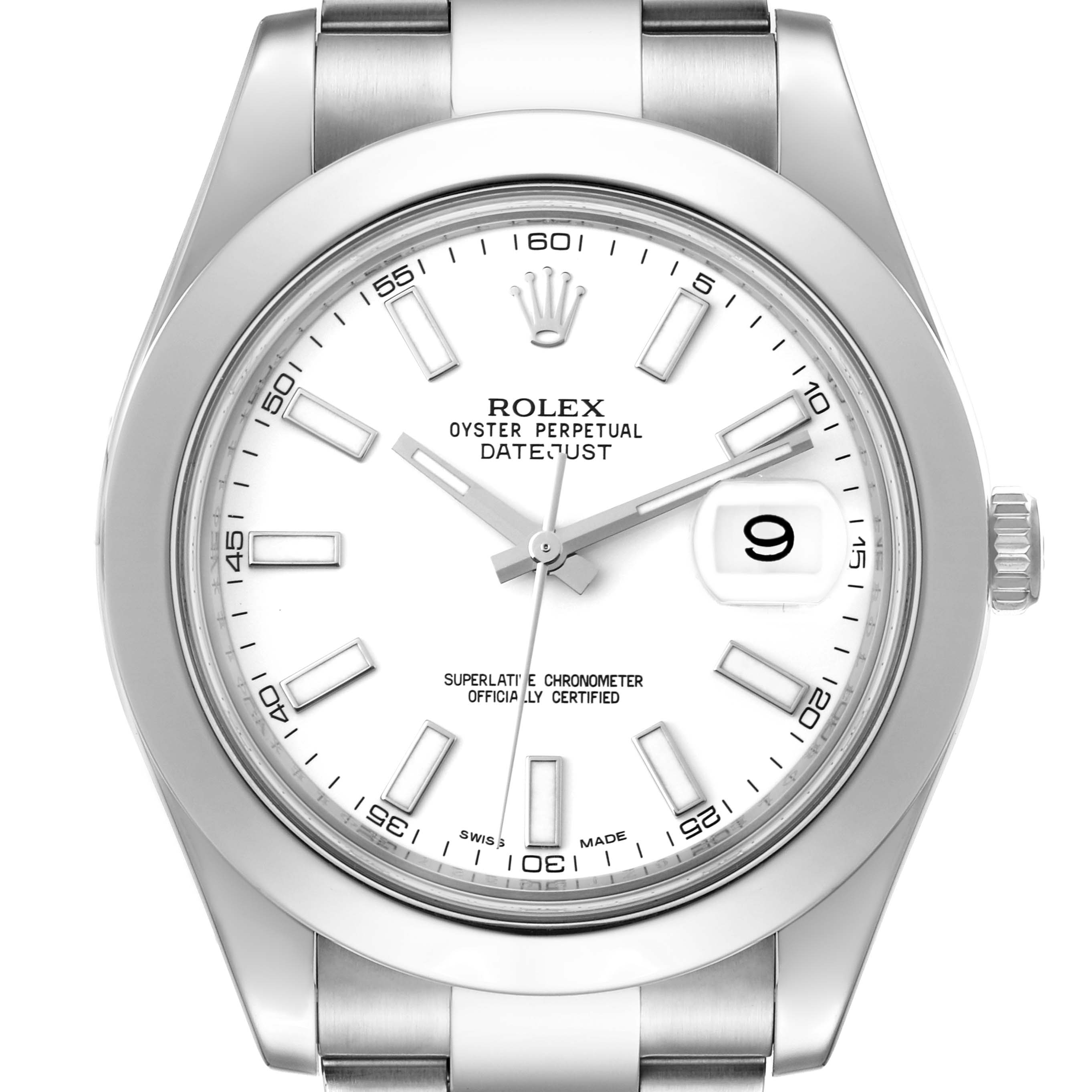 This image shows a front view of the Rolex Datejust 41 116300 Men's Stainless Steel White Dial 116300 Men's Stainless Steel White Dial watch, highlighting the dial, hands, and bracelet.