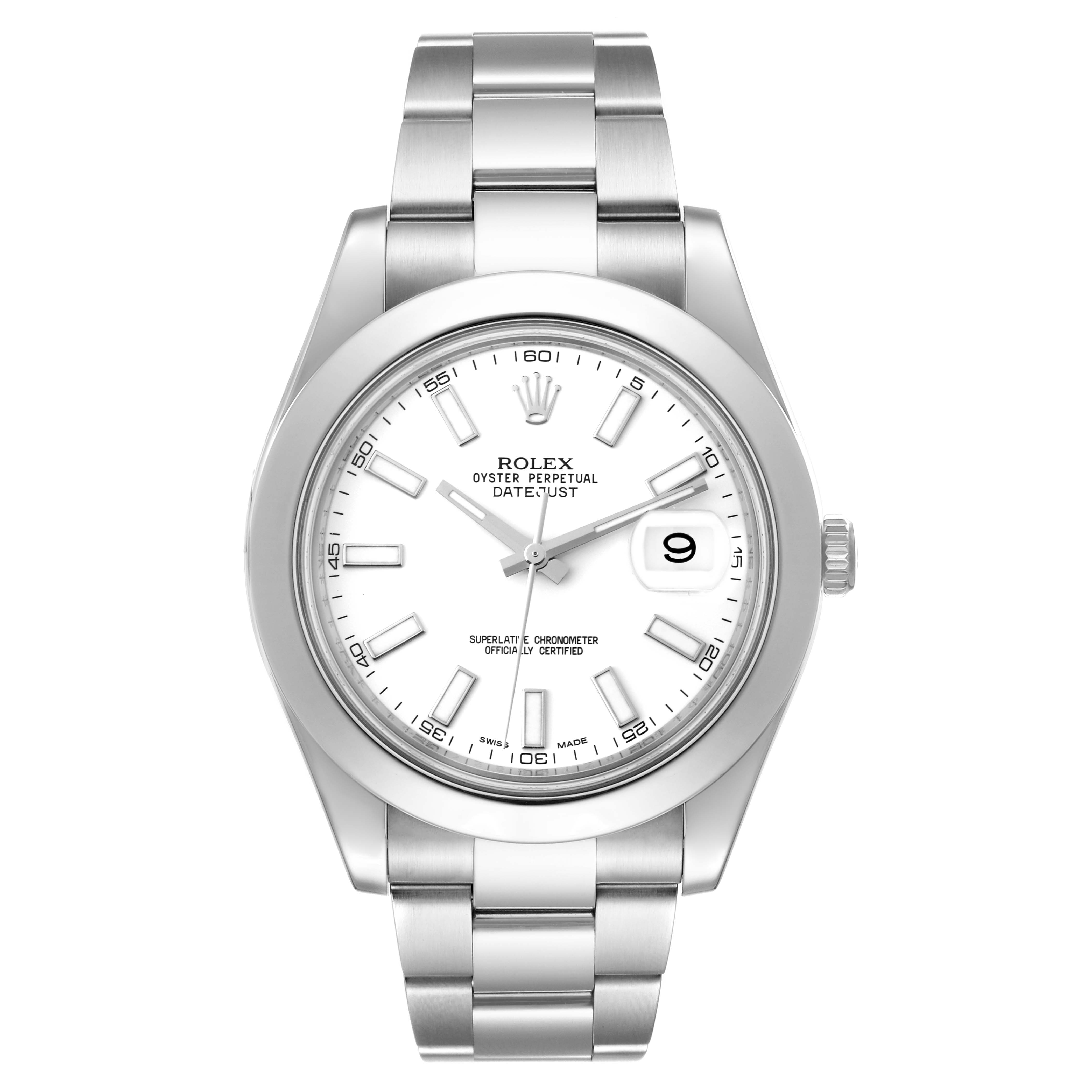 The image shows a front view of the Rolex Datejust 41 116300 Men's Stainless Steel White Dial 116300 Men's Stainless Steel White Dial watch, highlighting its dial, bezel, and bracelet.
