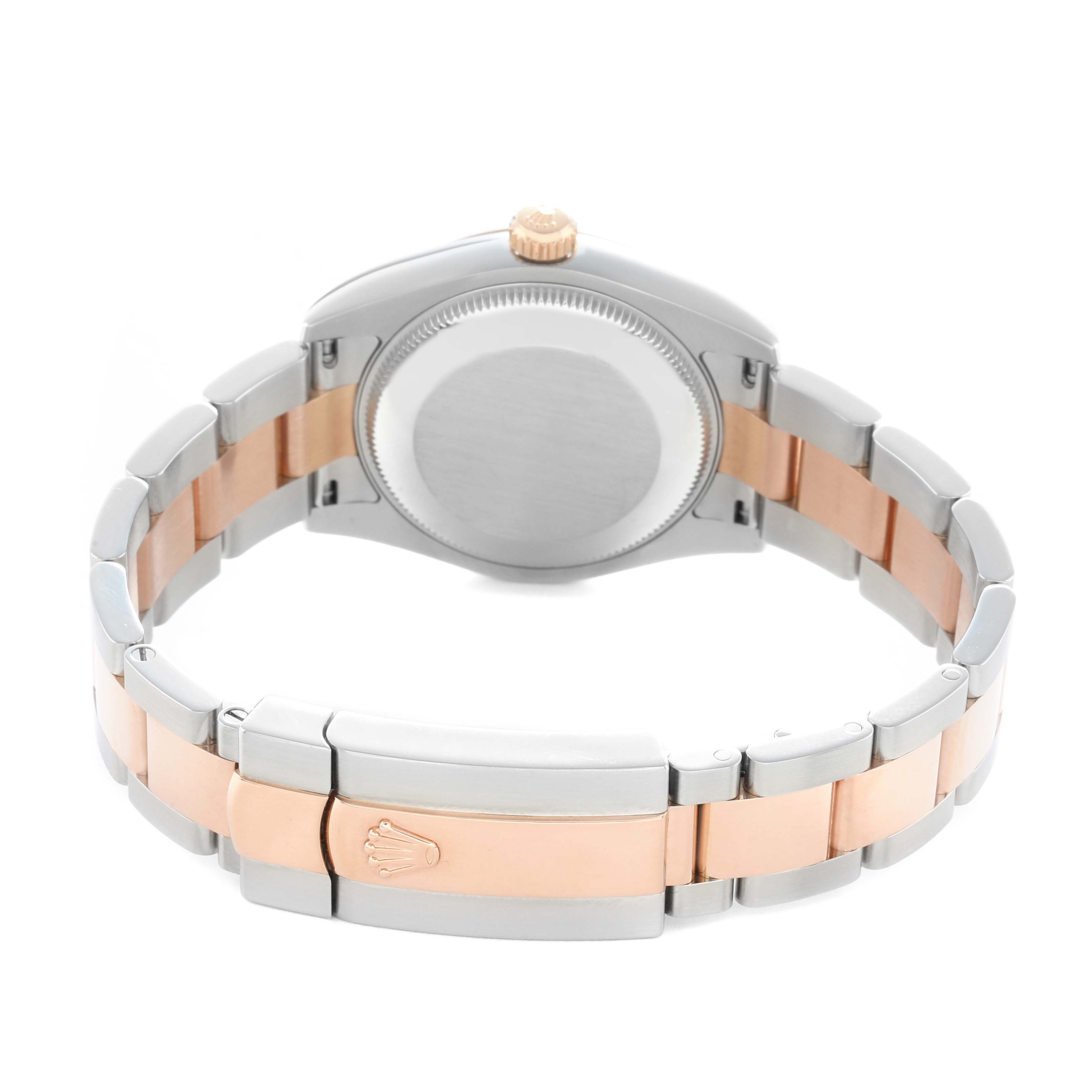 The Rolex Mid-Size 178241 Women
s Steel and Gold (two tone) Pink Dial watch is shown from the back, highlighting the case back, bracelet, clasp, and crown.