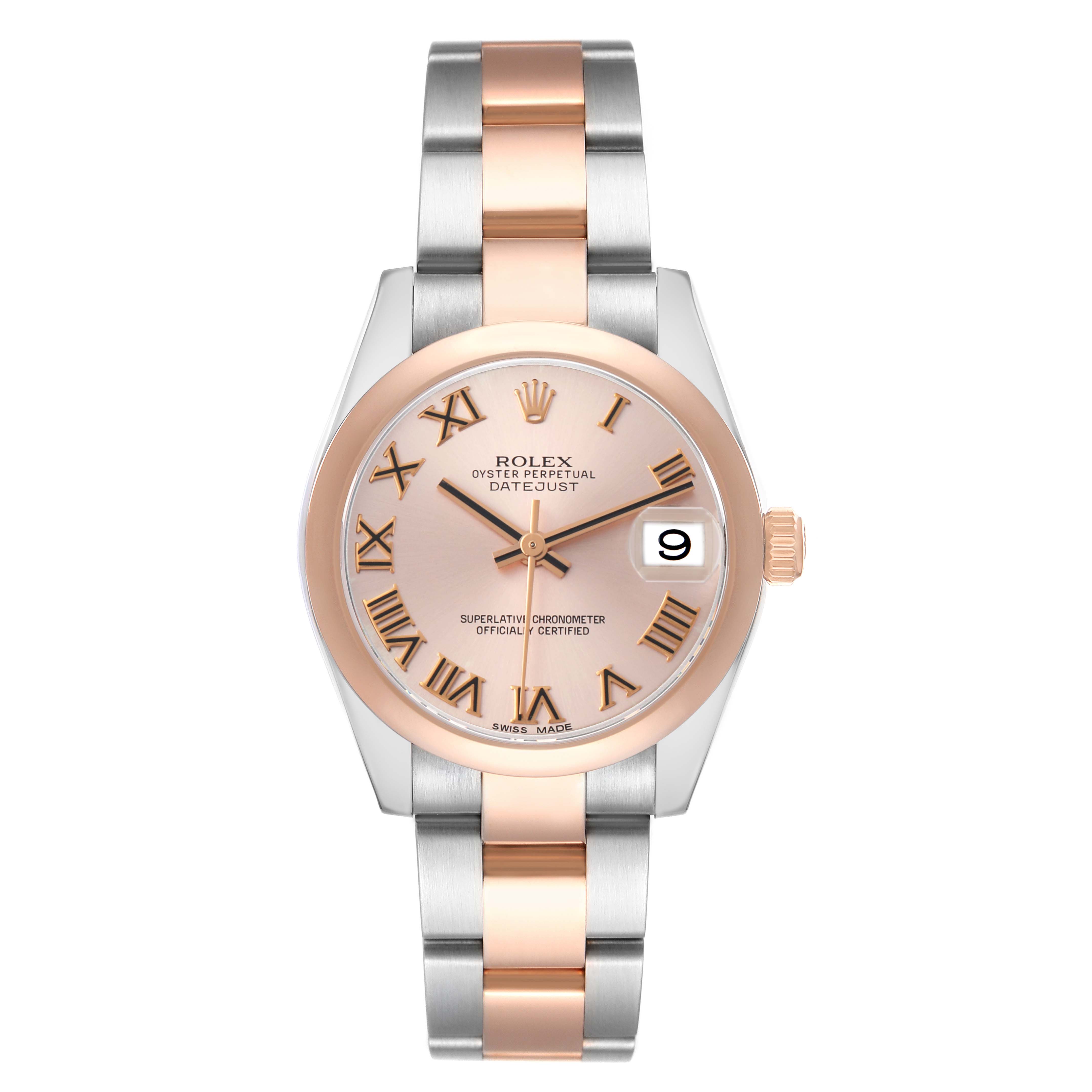 The Rolex Mid-Size 178241 Women
s Steel and Gold (two tone) Pink Dial watch is shown from the front, displaying its face, dial, bezel, and two-tone bracelet.