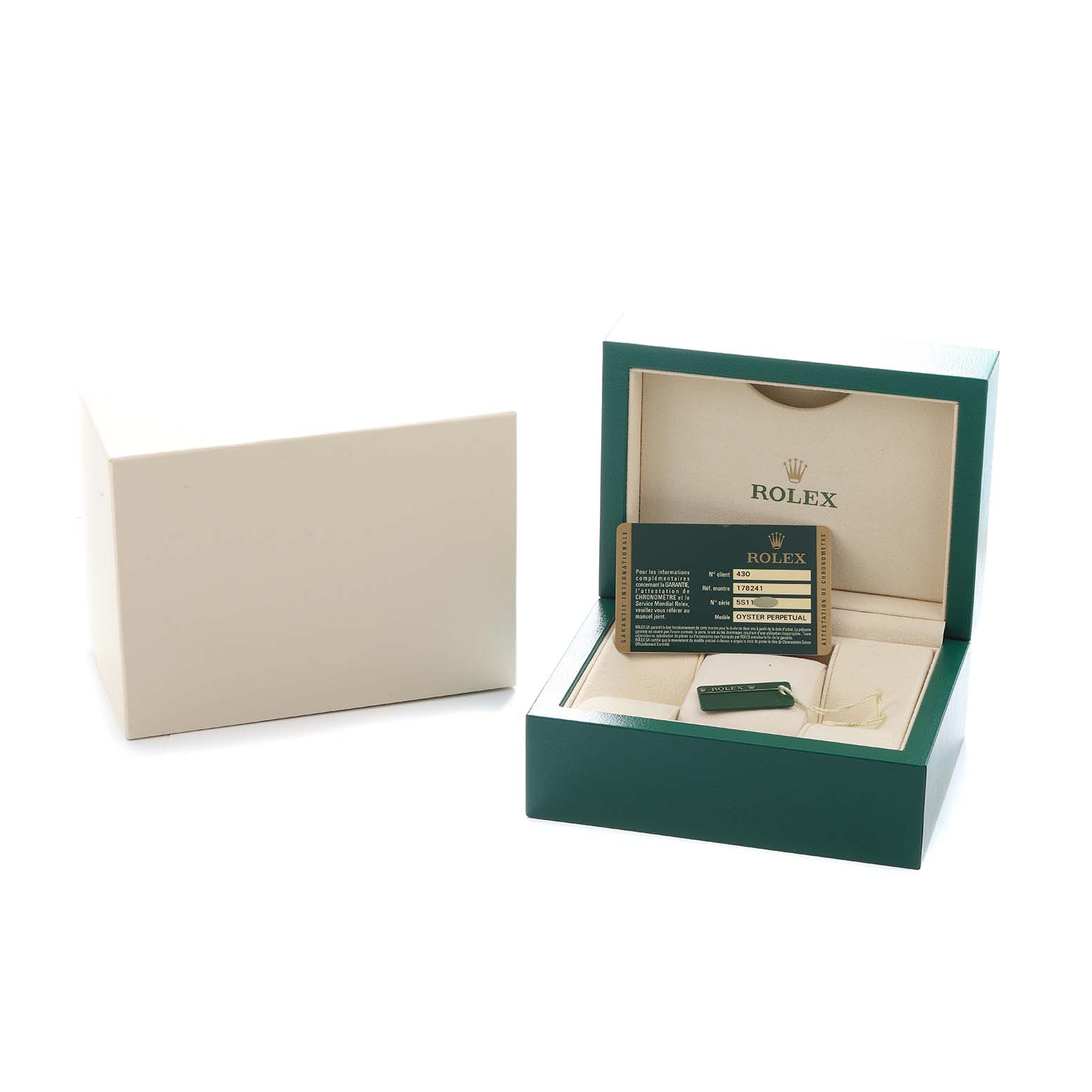 The image shows a Rolex Mid-Size 178241 Women
s Steel and Gold (two tone) Pink Dial watch box open at an angle, displaying an Best Quality
ity card and tag.