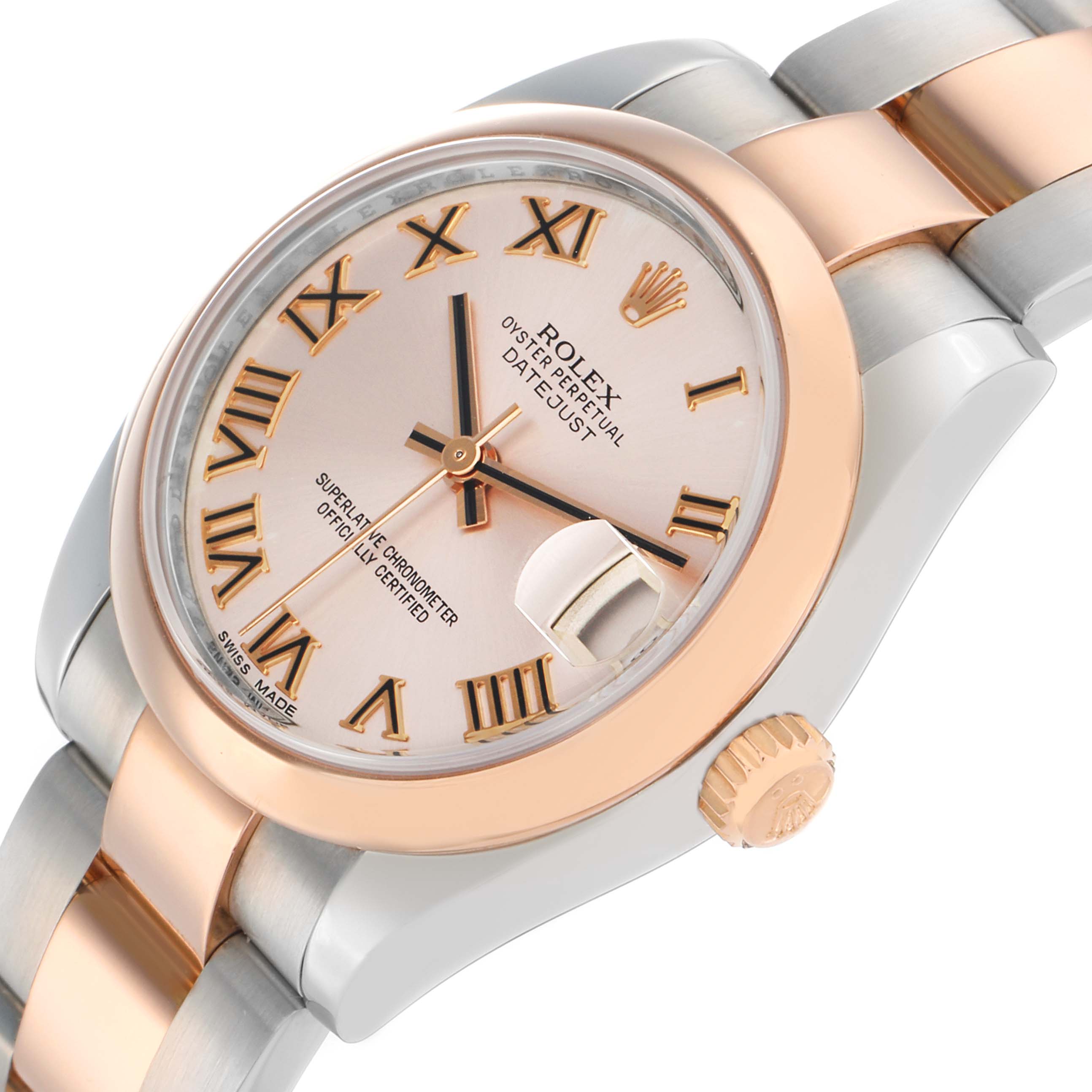 The Rolex Datejust Mid-Size watch is shown in a close-up, angled view, highlighting the dial, bezel, and part of the bracelet.