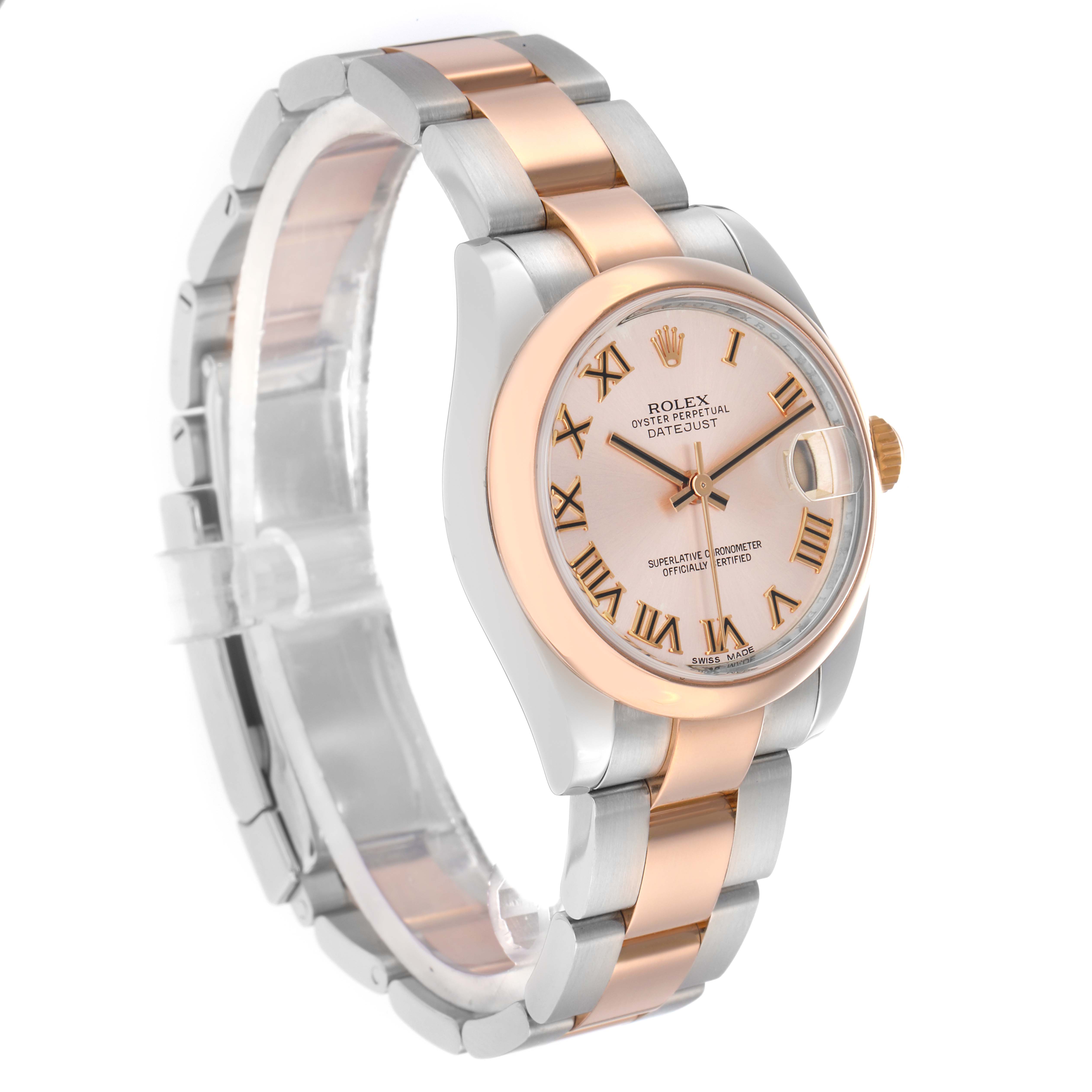 The Rolex Mid-Size 178241 Women
s Steel and Gold (two tone) Pink Dial watch is shown at an angle displaying its face, bezel, bracelet, and crown.