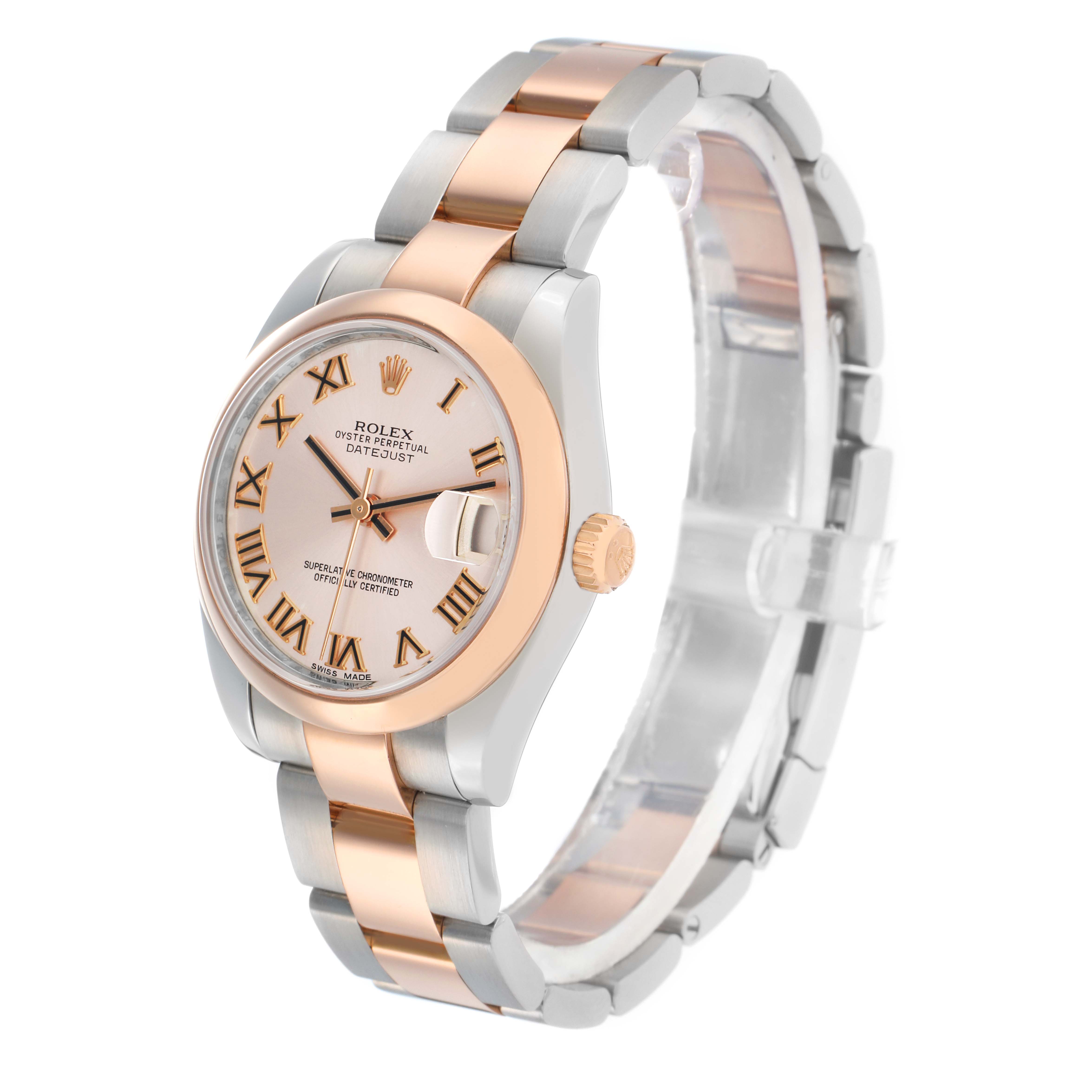 The Rolex Mid-Size 178241 Women
s Steel and Gold (two tone) Pink Dial watch is shown at a three-quarter angle, highlighting the rose gold bezel, crown, dial, and two-tone bracelet.