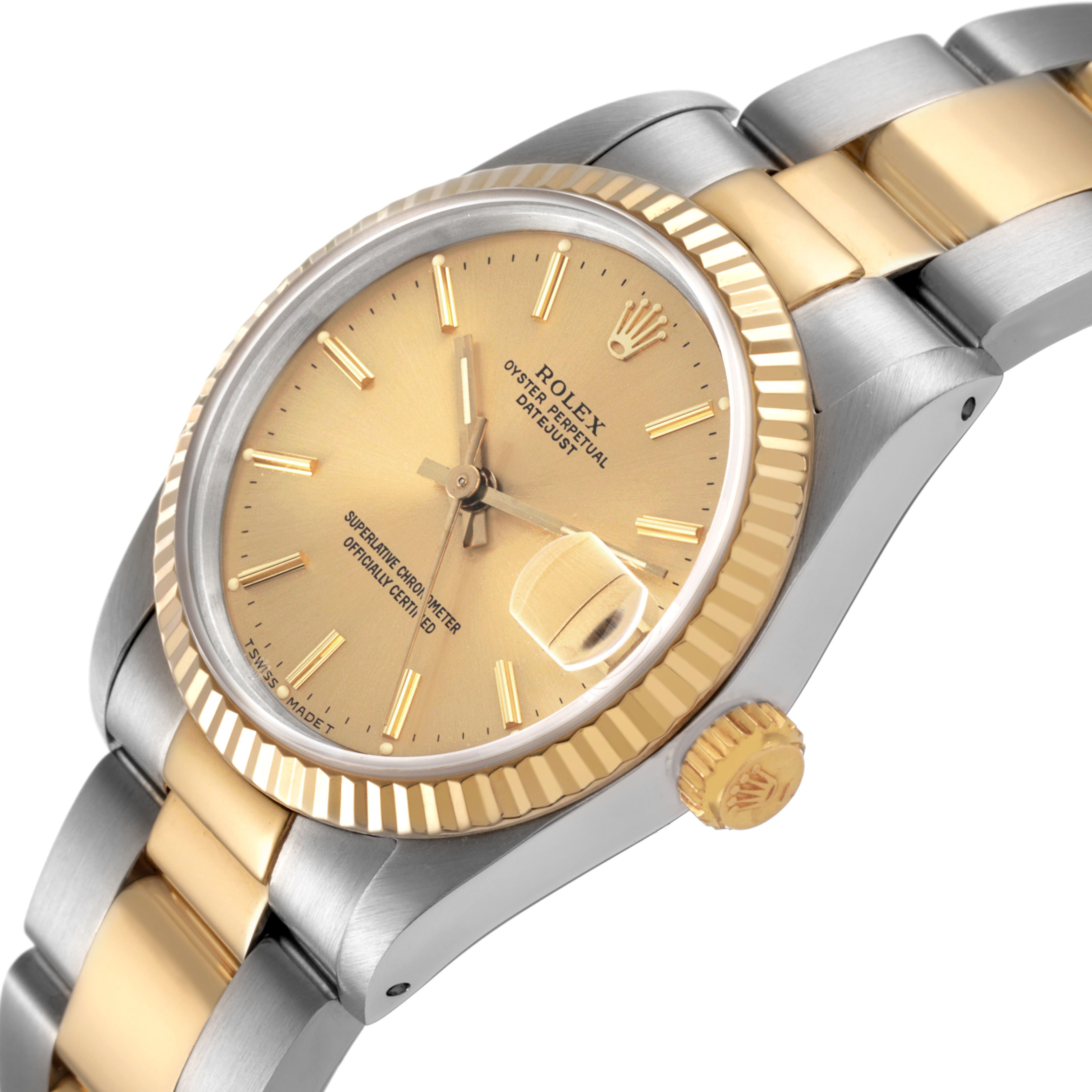 The Rolex Mid-Size 68273 Women's Steel and Gold (two tone) Champagne Dial watch is shown at a slight angle, highlighting the dial, bezel, bracelet, and crown.