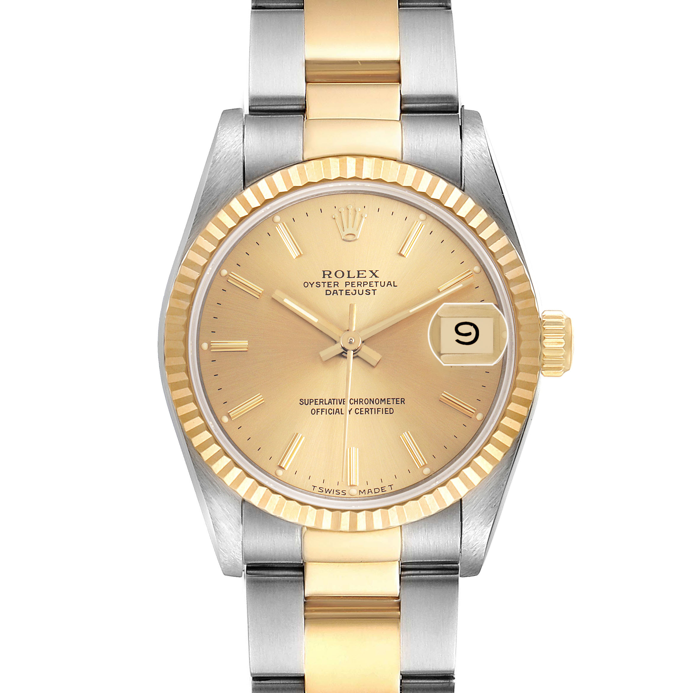 The Rolex Mid-Size 68273 Women's Steel and Gold (two tone) Champagne Dial model is shown from the front, displaying its dial, hands, bezel, and part of the bracelet.