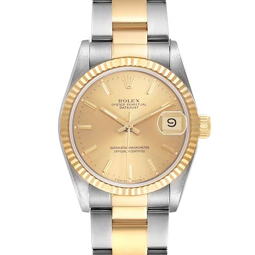 The Rolex Mid-Size 68273 Women's Steel and Gold (two tone) Champagne Dial watch is shown from a front angle, displaying its bezel, dial, and two-tone bracelet.