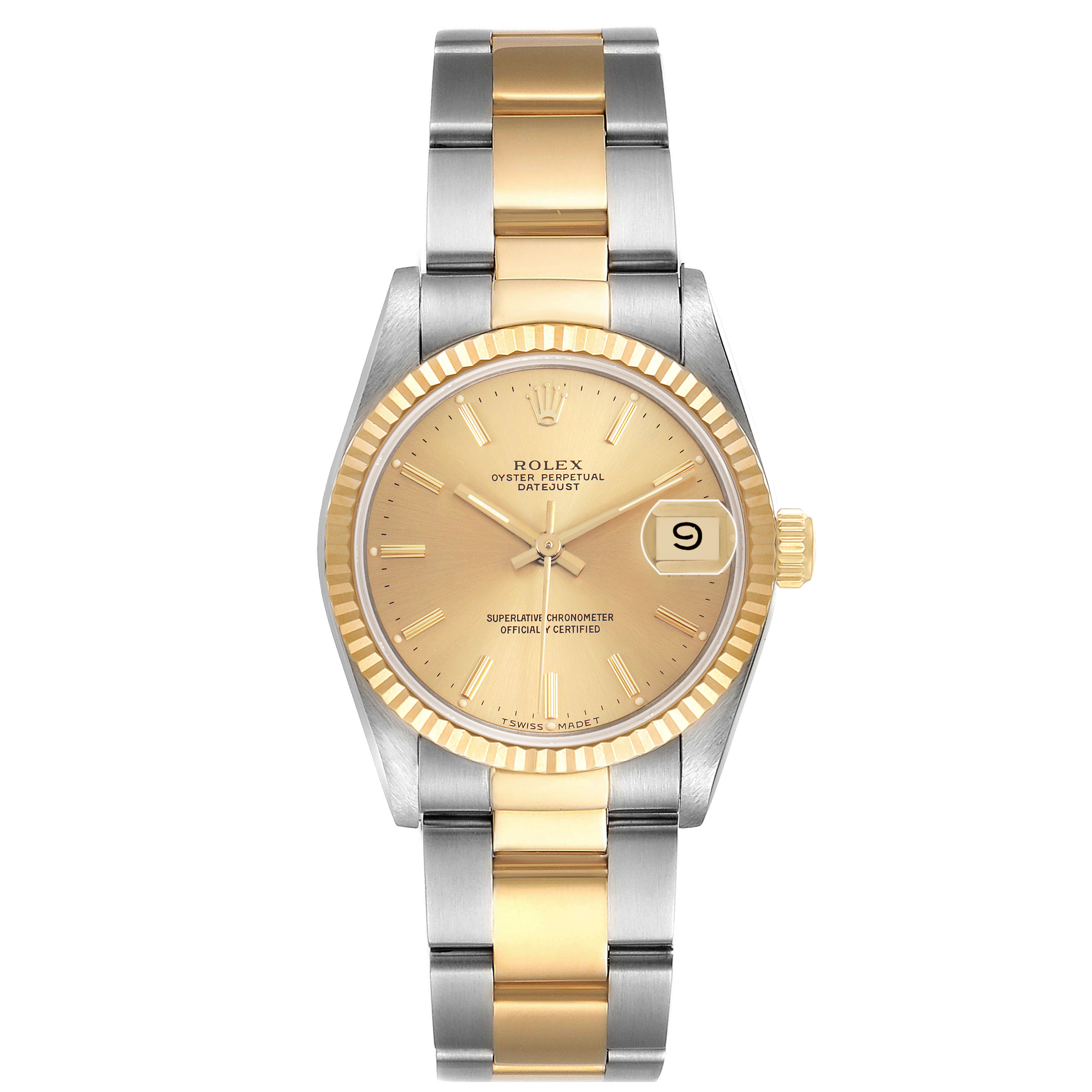 The Rolex Mid-Size 68273 Women's Steel and Gold (two tone) Champagne Dial watch is shown from a front view, displaying its gold and silver bracelet, gold dial, and fluted bezel.