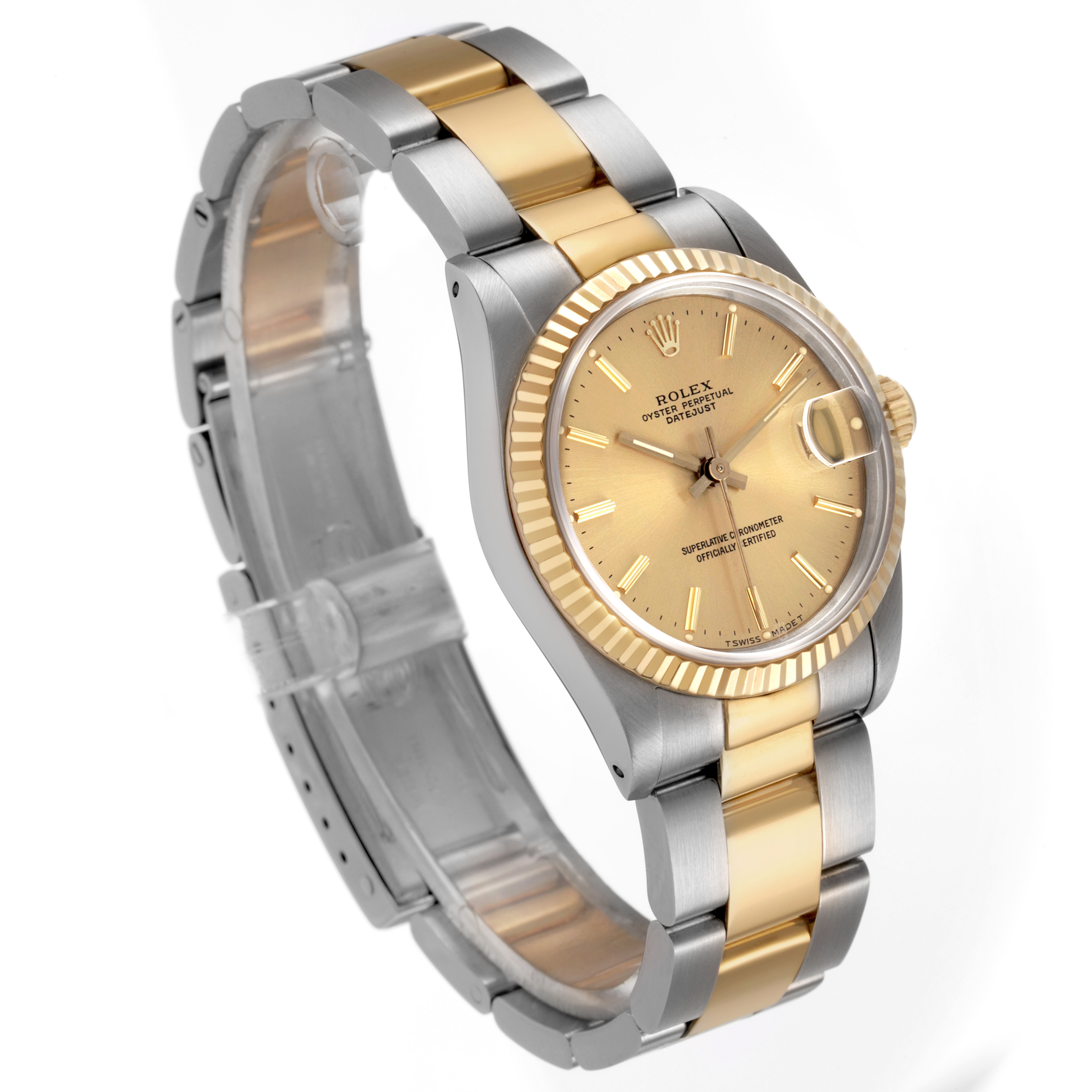 The Rolex Mid-Size 68273 Women's Steel and Gold (two tone) Champagne Dial model is shown at a three-quarter angle, highlighting the dial, bezel, and bracelet.