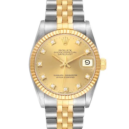The Rolex Mid-Size 68273 Women's Steel and Gold (two tone) Champagne Dial model is shown from a top view, highlighting the dial, bezel, crown, and bracelet.