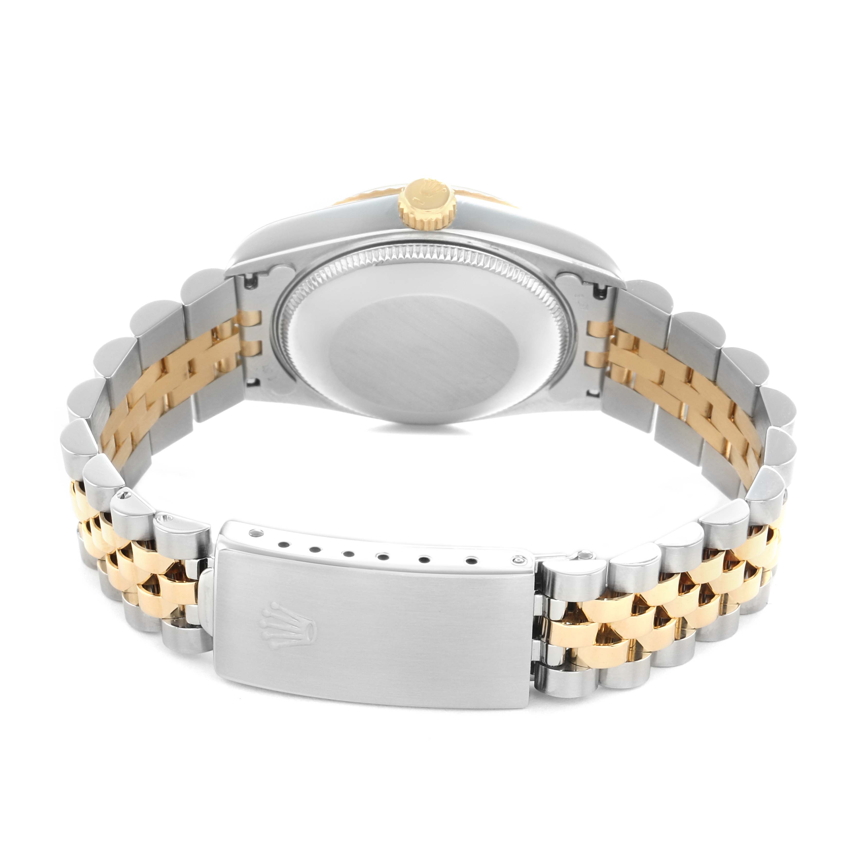 The image shows the back and bracelet of a Rolex Mid-Size 68273 Women's Steel and Gold (two tone) Champagne Dial model, highlighting the clasp and two-tone metal links.