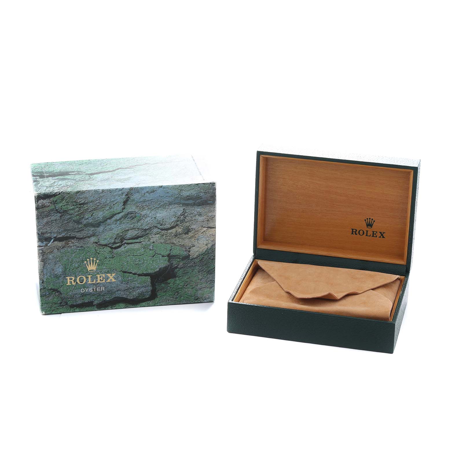 The image shows a closed Rolex box and an open Rolex Oyster box with an interior pouch, seen from a slightly elevated angle.