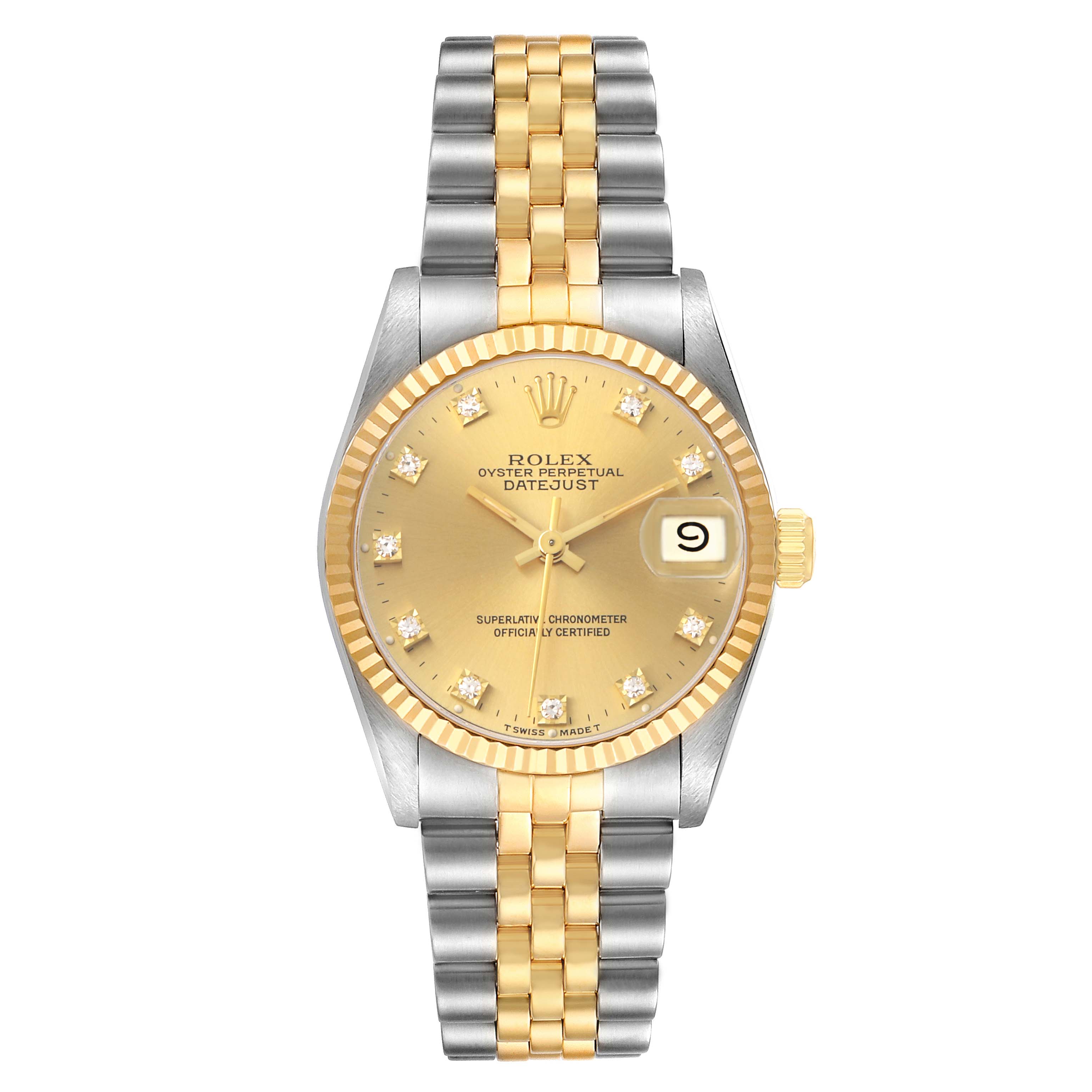 The Rolex Mid-Size 68273 Women's Steel and Gold (two tone) Champagne Dial watch is shown from a top-down angle, highlighting the dial, bezel, and two-tone bracelet.