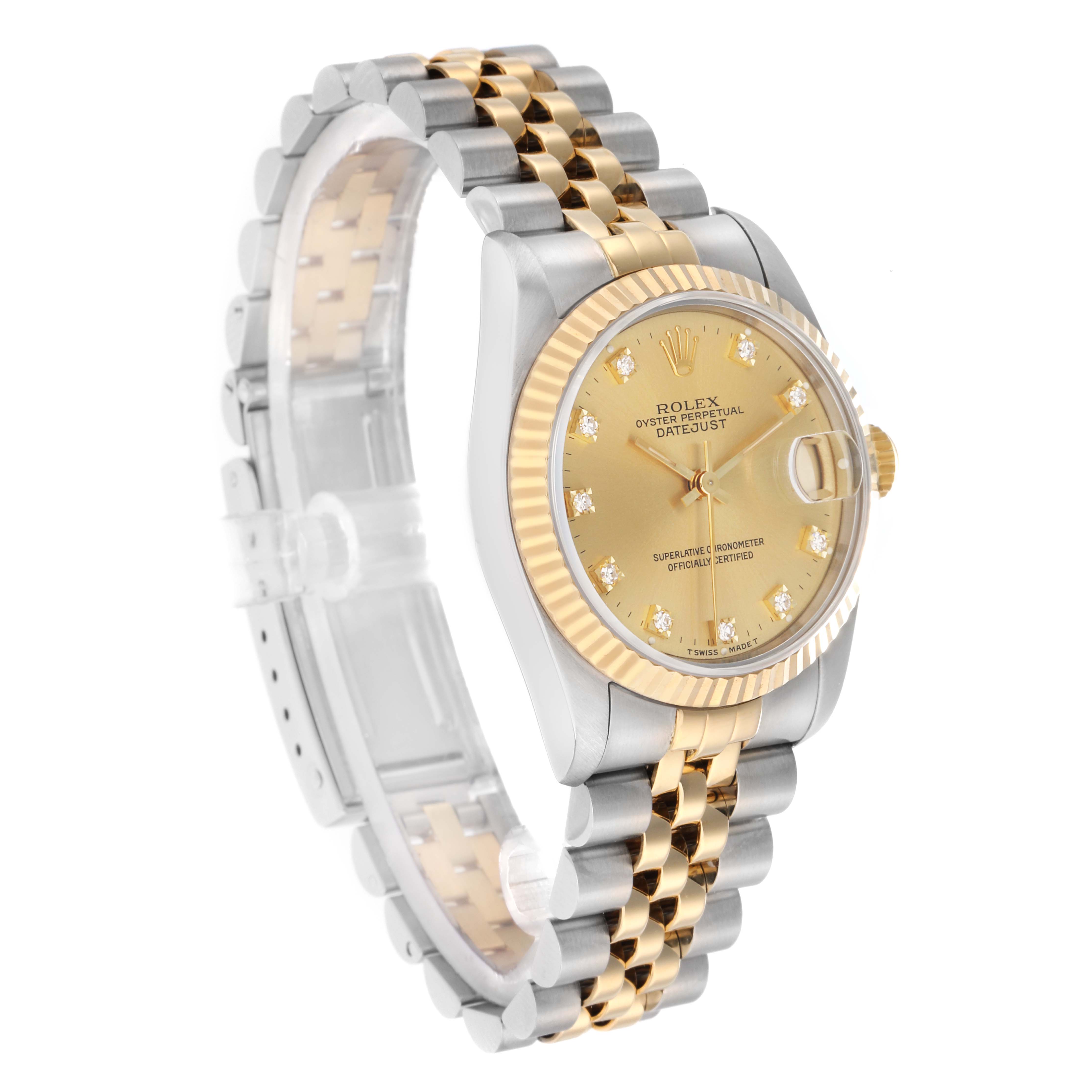 The Rolex Mid-Size 68273 Women's Steel and Gold (two tone) Champagne Dial Datejust is shown at an angle displaying the face, crown, and jubilee bracelet.
