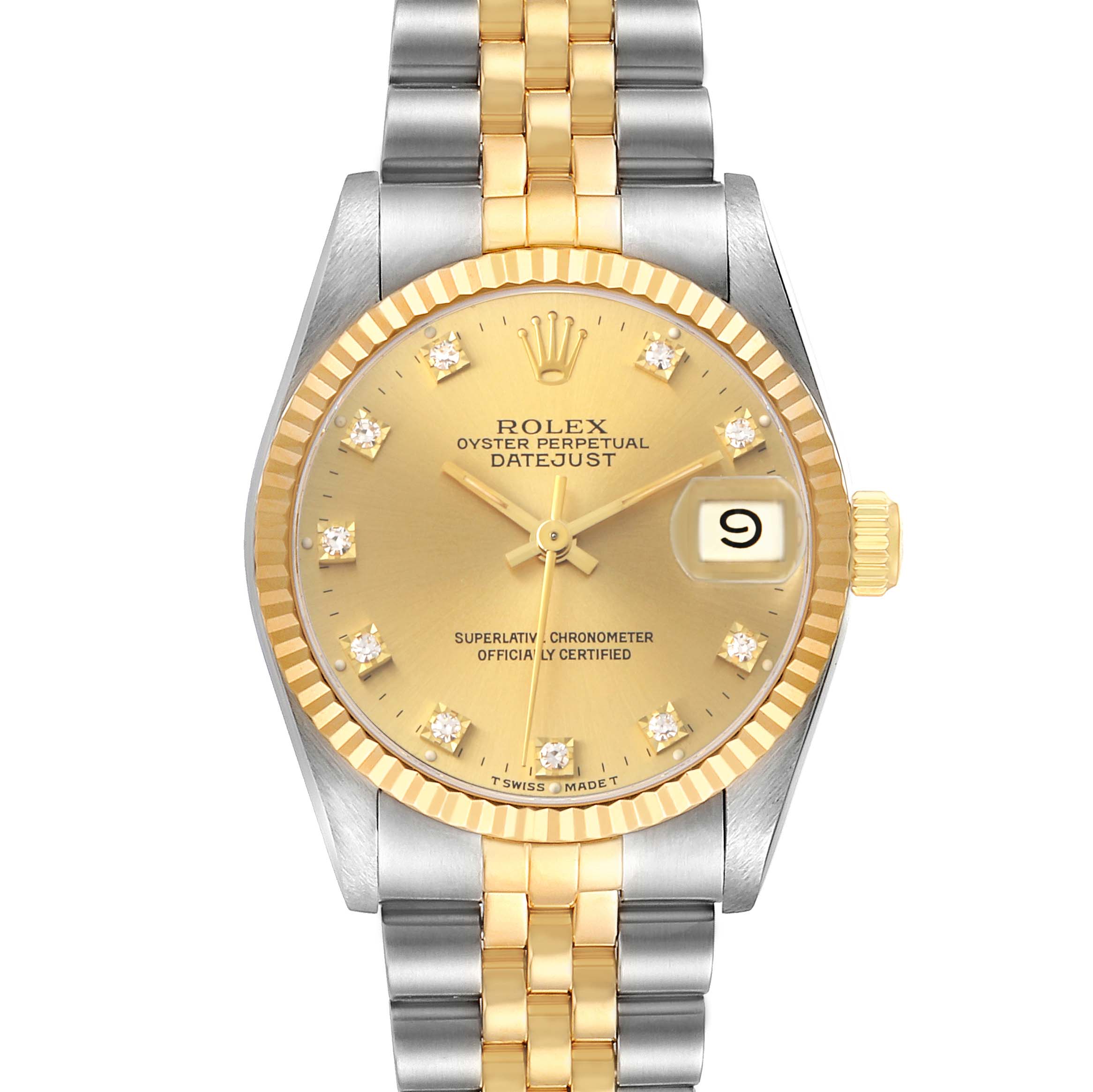 The Rolex Mid-Size 68273 Women's Steel and Gold (two tone) Champagne Dial Datejust is shown from a front angle, highlighting its dial, bezel, bracelet, and date window.