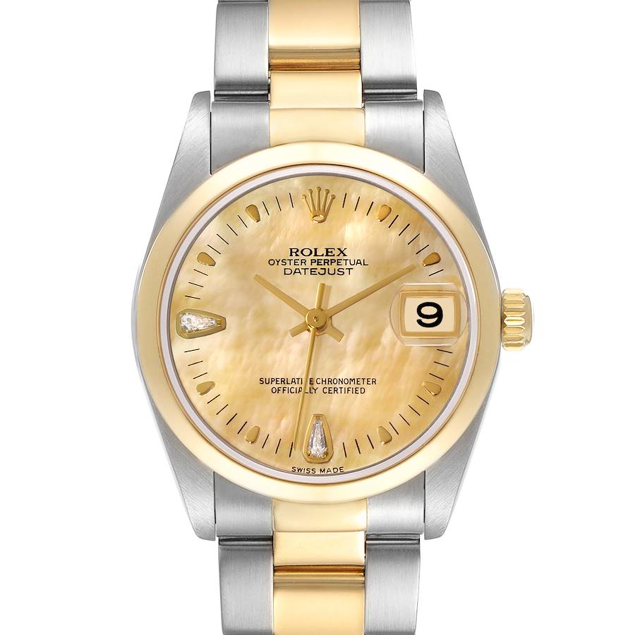 The Rolex Datejust Mid-Size watch is shown from a top-down angle, displaying the face, bezel, and two-tone bracelet.