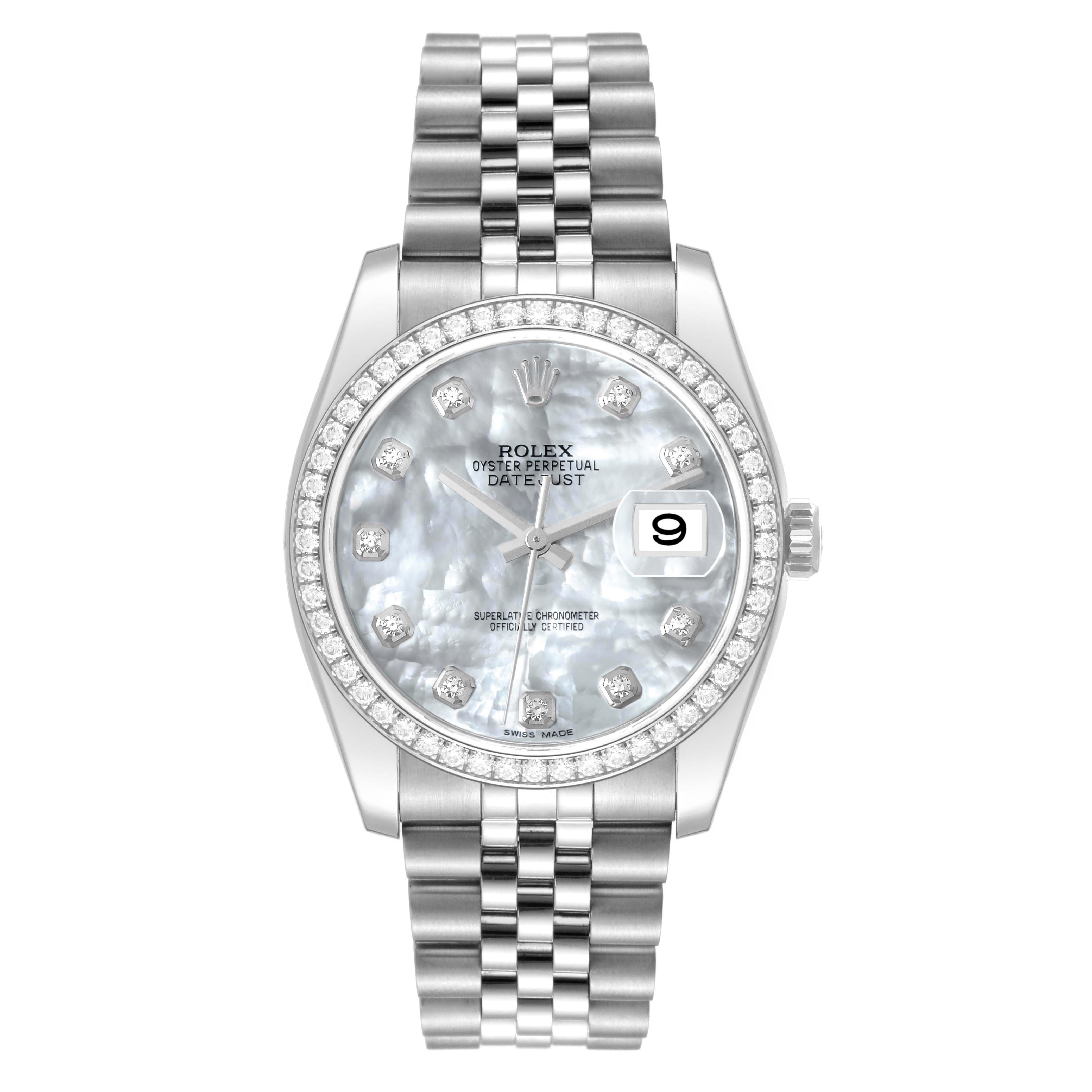 This image shows a frontal view of a Rolex Datejust 116244 Men's Stainless Steel Mother of Pearl Dial 116244 Men's Stainless Steel Mother of Pearl Dial, displaying the dial, bezel, bracelet, and date window.