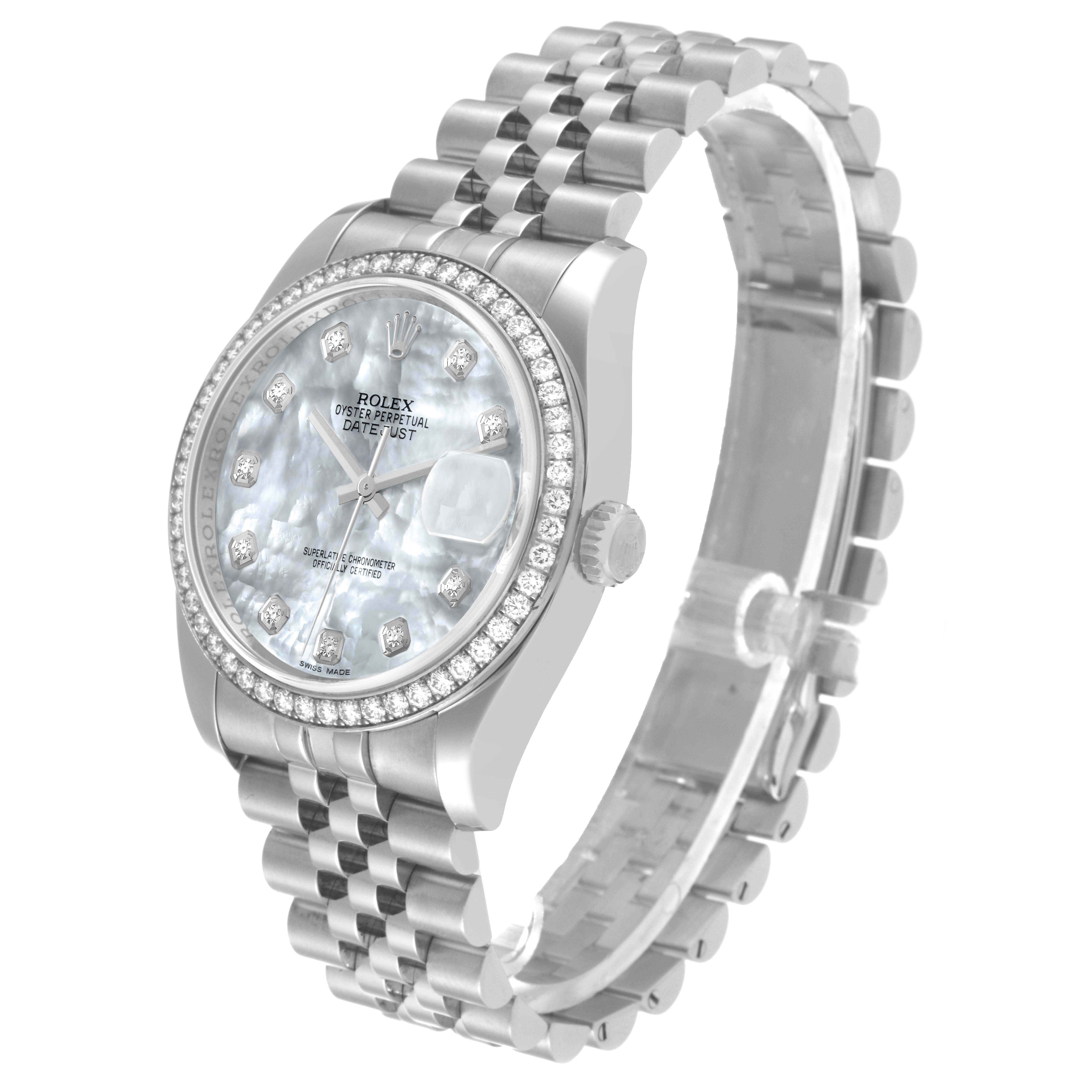 The image shows a Rolex Datejust 116244 Men's Stainless Steel Mother of Pearl Dial 116244 Men's Stainless Steel Mother of Pearl Dial watch with a side perspective, highlighting its face, bezel, bracelet, and crown.