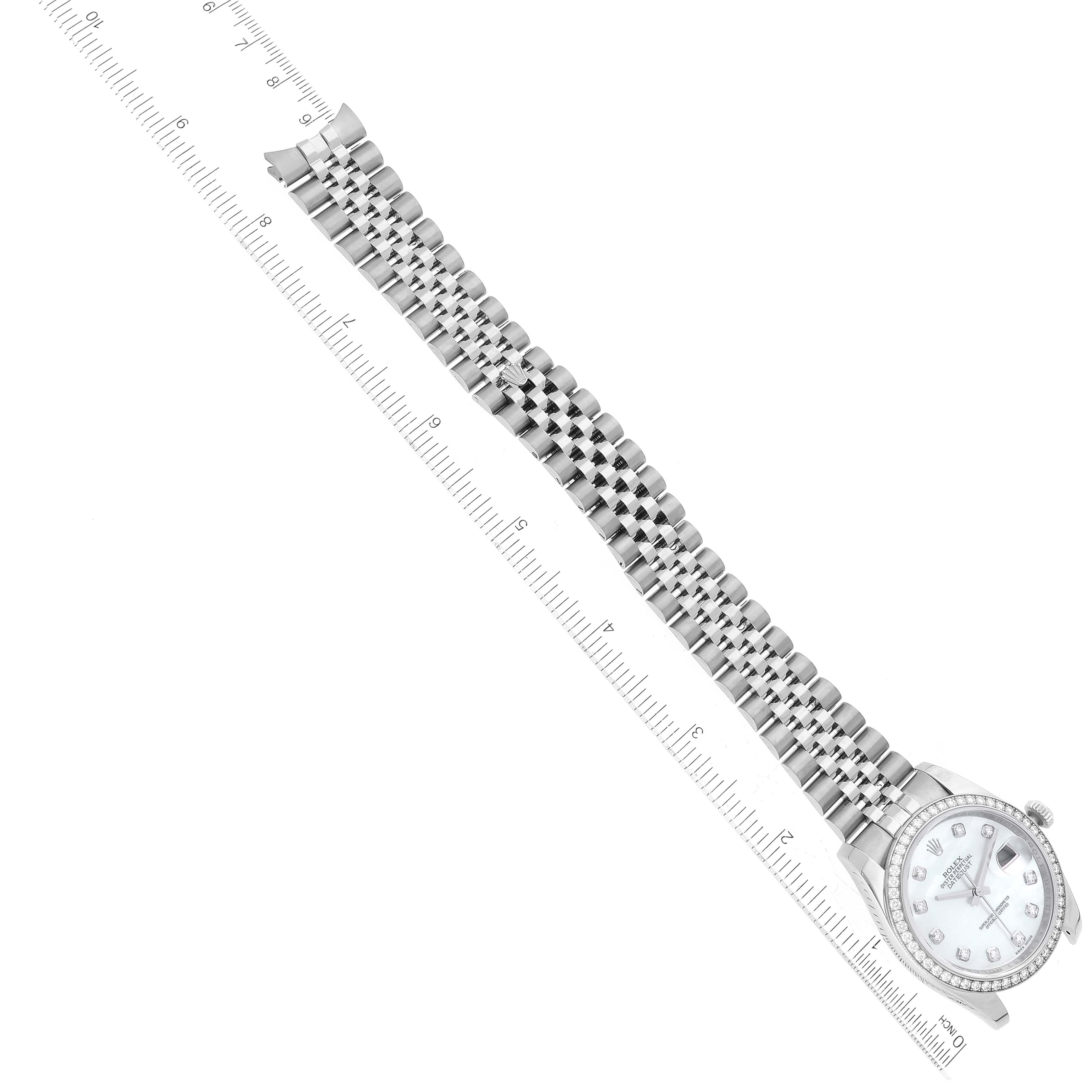 The Rolex Datejust 116244 Men's Stainless Steel Mother of Pearl Dial 116244 Men's Stainless Steel Mother of Pearl Dial watch is shown from an overhead angle, displaying its bezel, dial, and full bracelet length.