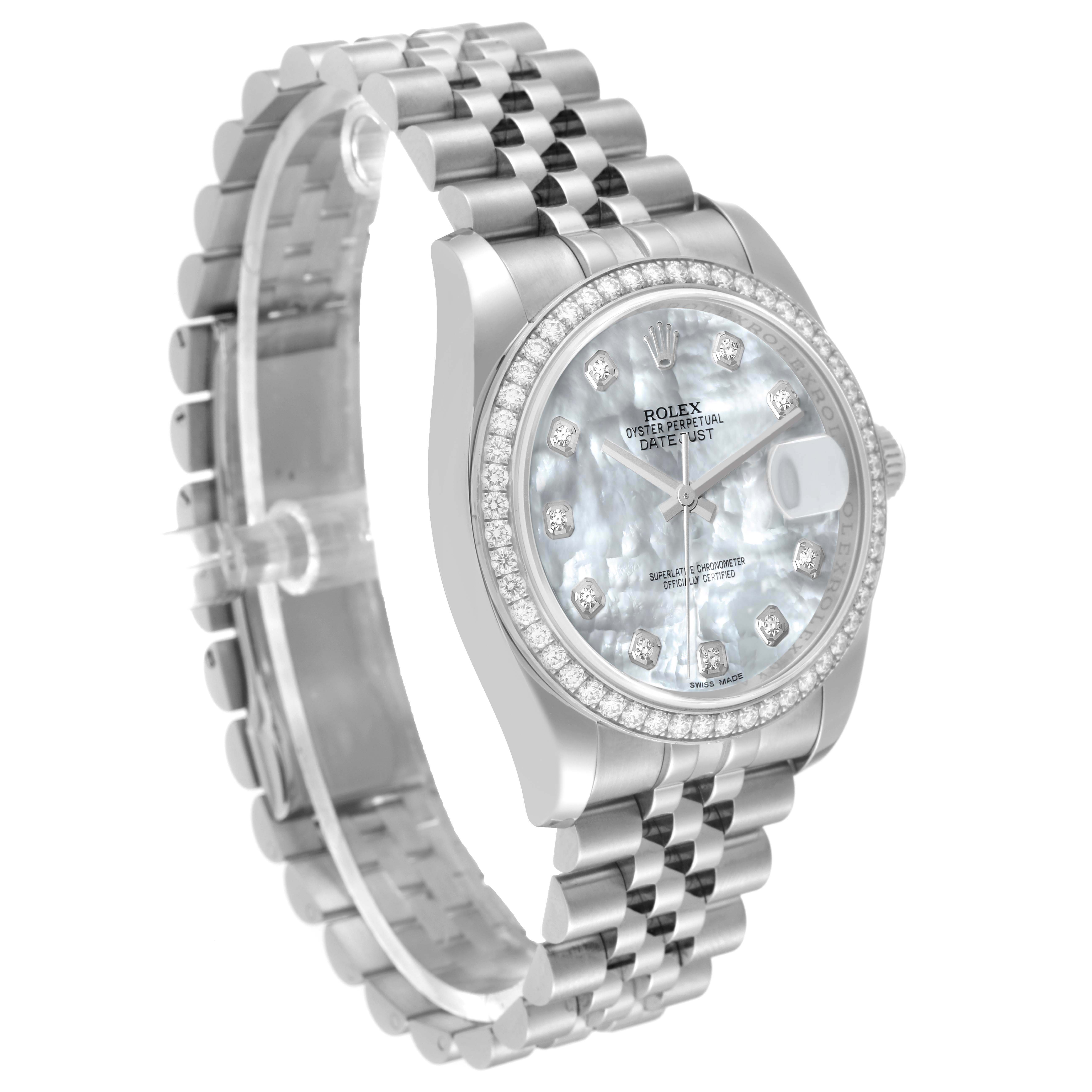 The Rolex Datejust 116244 Men's Stainless Steel Mother of Pearl Dial 116244 Men's Stainless Steel Mother of Pearl Dial watch is shown at a front-left angle, highlighting the face, bezel, and bracelet.