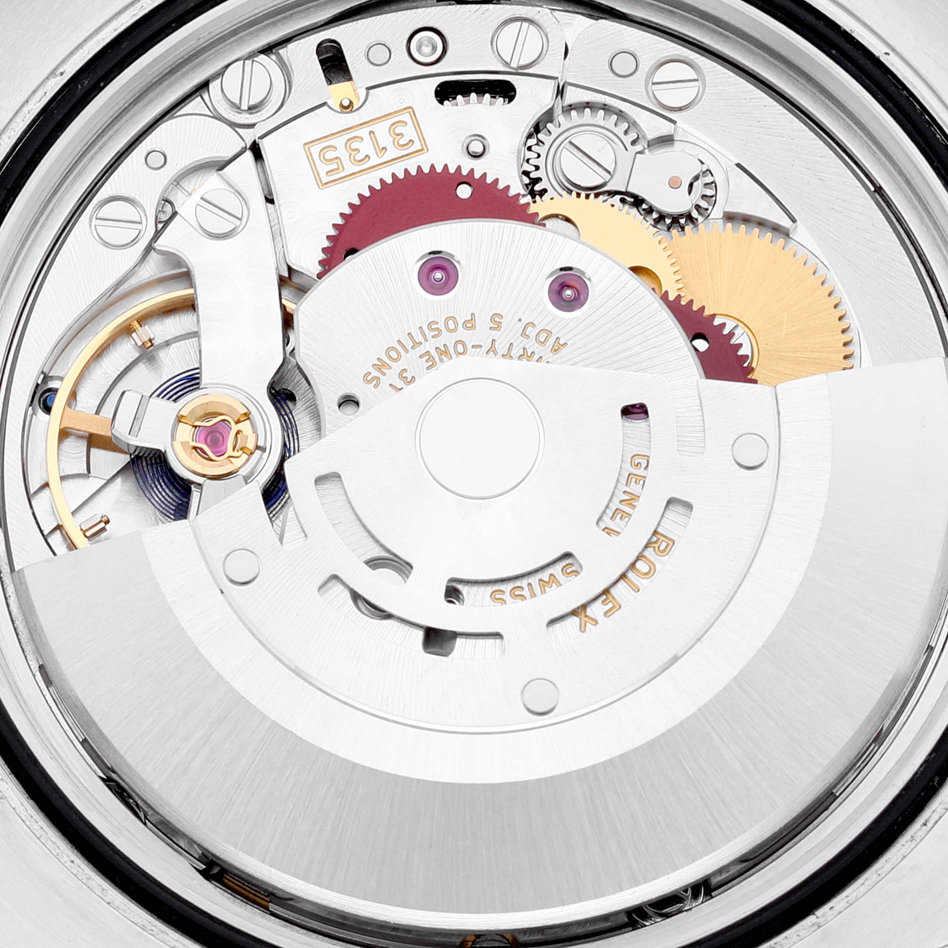 The image showcases the inner mechanical movement of a Rolex Datejust 116244 Men's Stainless Steel Mother of Pearl Dial 116244 Men's Stainless Steel Mother of Pearl Dial watch, highlighting the gears and intricate components.