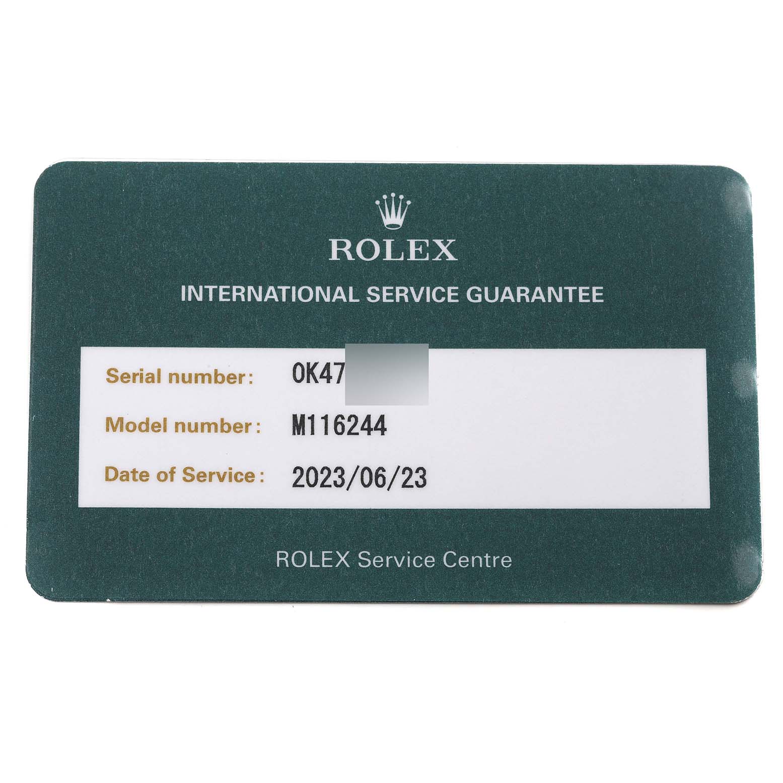 This image shows the front of a Rolex Service Centre International Service Guarantee card for a Datejust model, M116244.