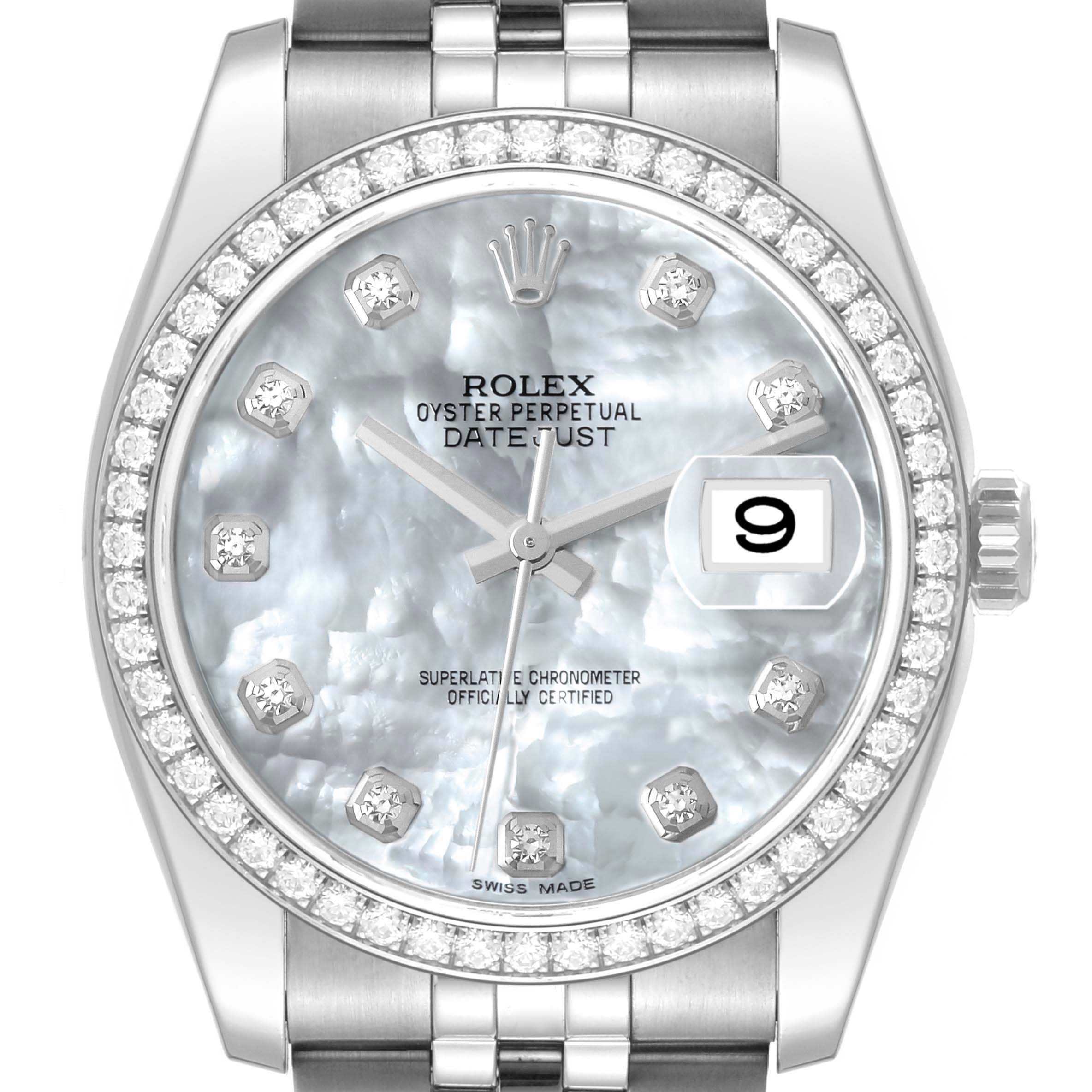 This is a close-up of the dial and bezel of a Rolex Datejust 116244 Men's Stainless Steel Mother of Pearl Dial 116244 Men's Stainless Steel Mother of Pearl Dial watch, displaying the date function at the 3 o'clock position.