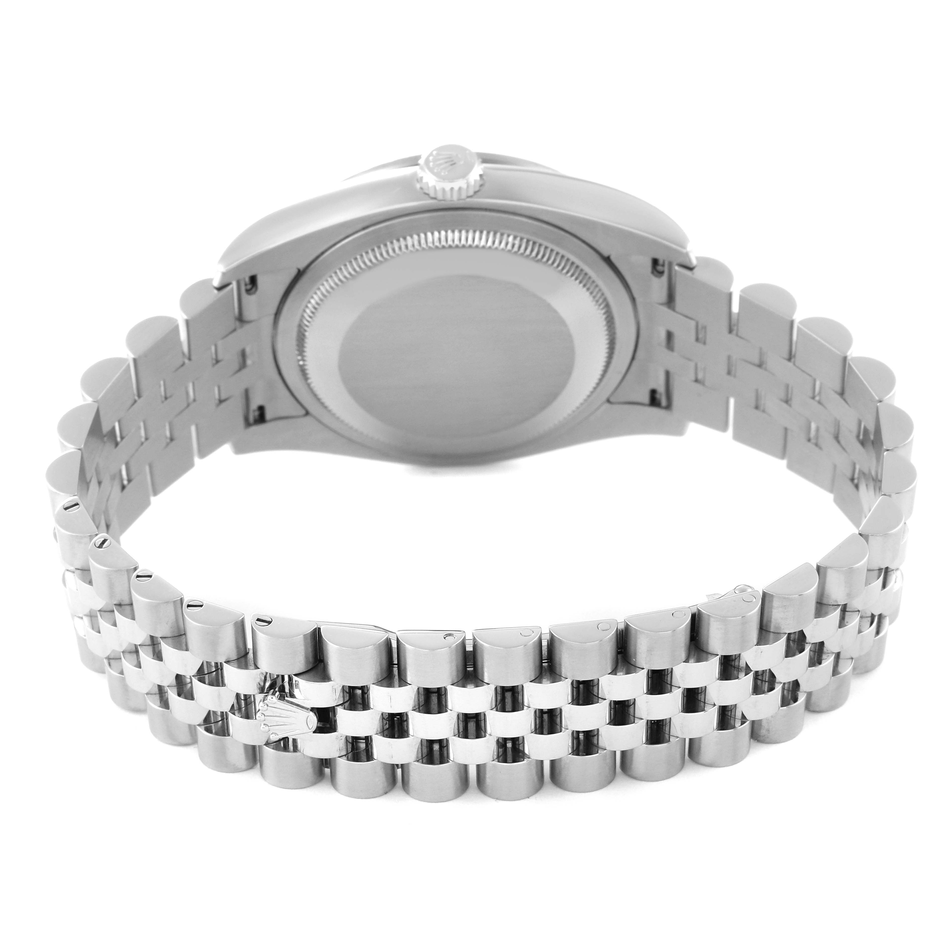 This image shows the back case and bracelet of a Rolex Datejust 116244 Men's Stainless Steel Mother of Pearl Dial 116244 Men's Stainless Steel Mother of Pearl Dial watch from a rear angle.