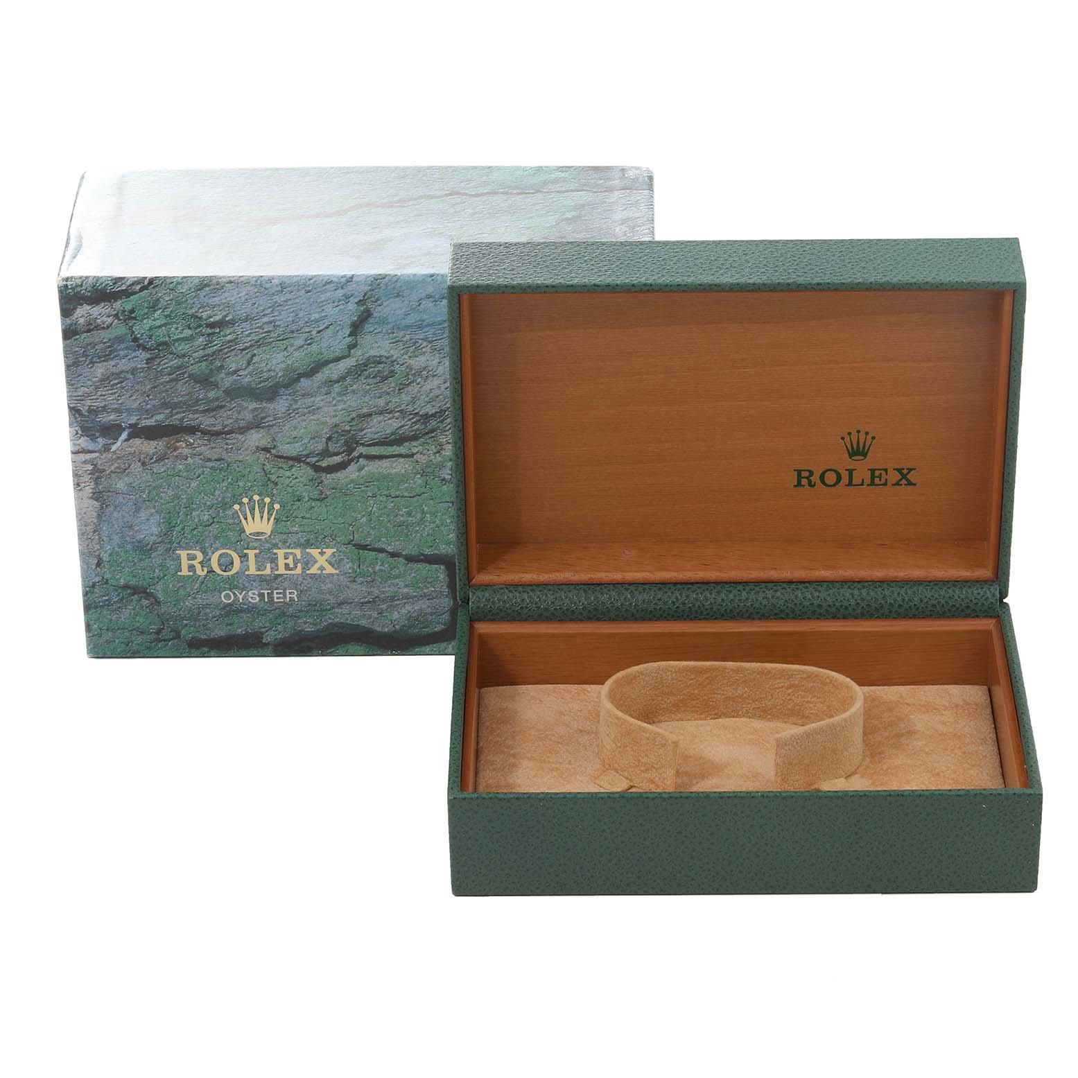 The image shows an open Rolex Datejust 16233 Men's Stainless Steel Champagne Dial 16233 Men's Stainless Steel Champagne Dial watch box with the outer green packaging and the inner wooden case.