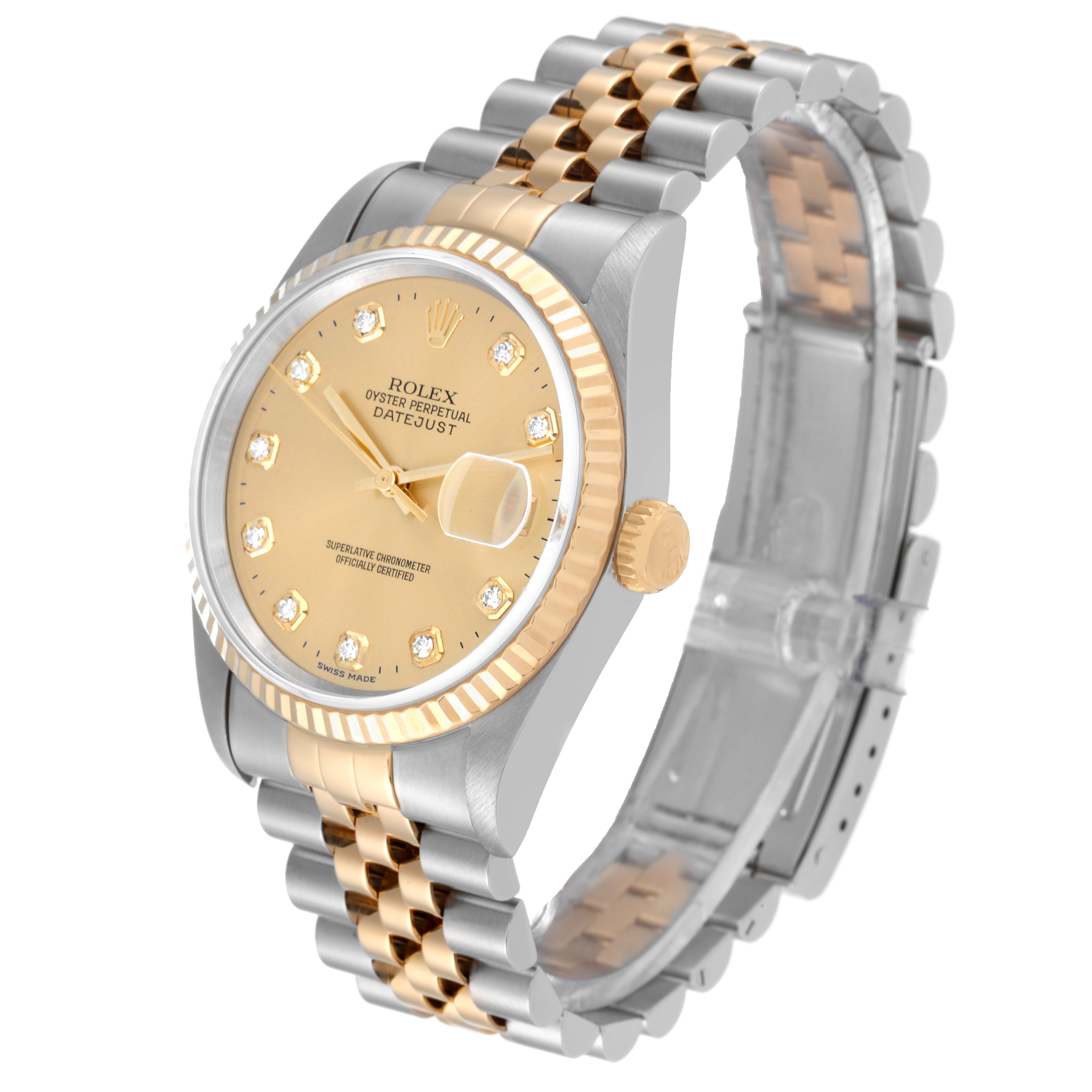 The Rolex Datejust 16233 Men's Stainless Steel Champagne Dial 16233 Men's Stainless Steel Champagne Dial watch is shown at a three-quarter angle, highlighting its face, bezel, crown, and two-tone bracelet.