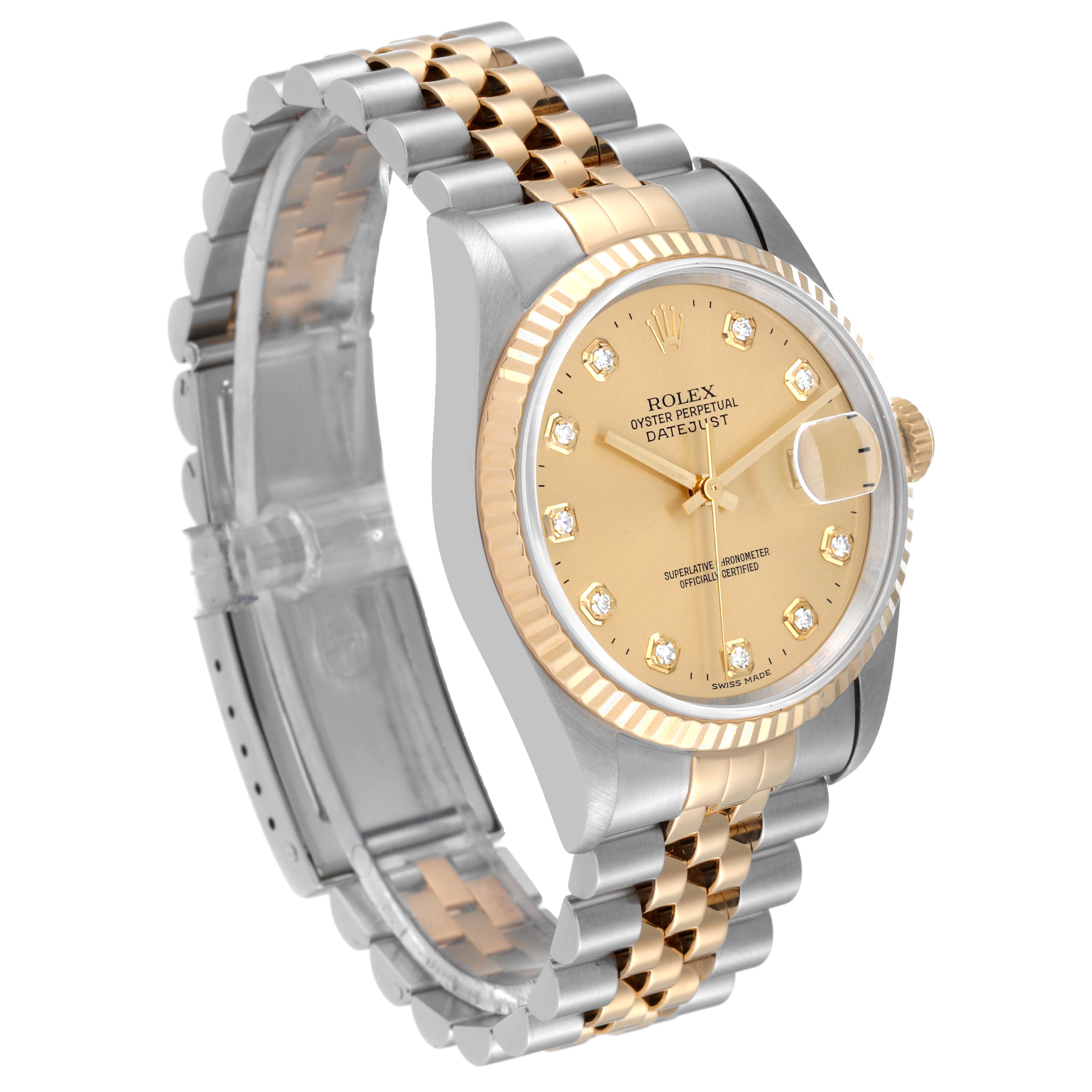The image shows a Rolex Datejust 16233 Men's Stainless Steel Champagne Dial 16233 Men's Stainless Steel Champagne Dial watch at a three-quarter angle, highlighting the bezel, dial, and two-tone bracelet.