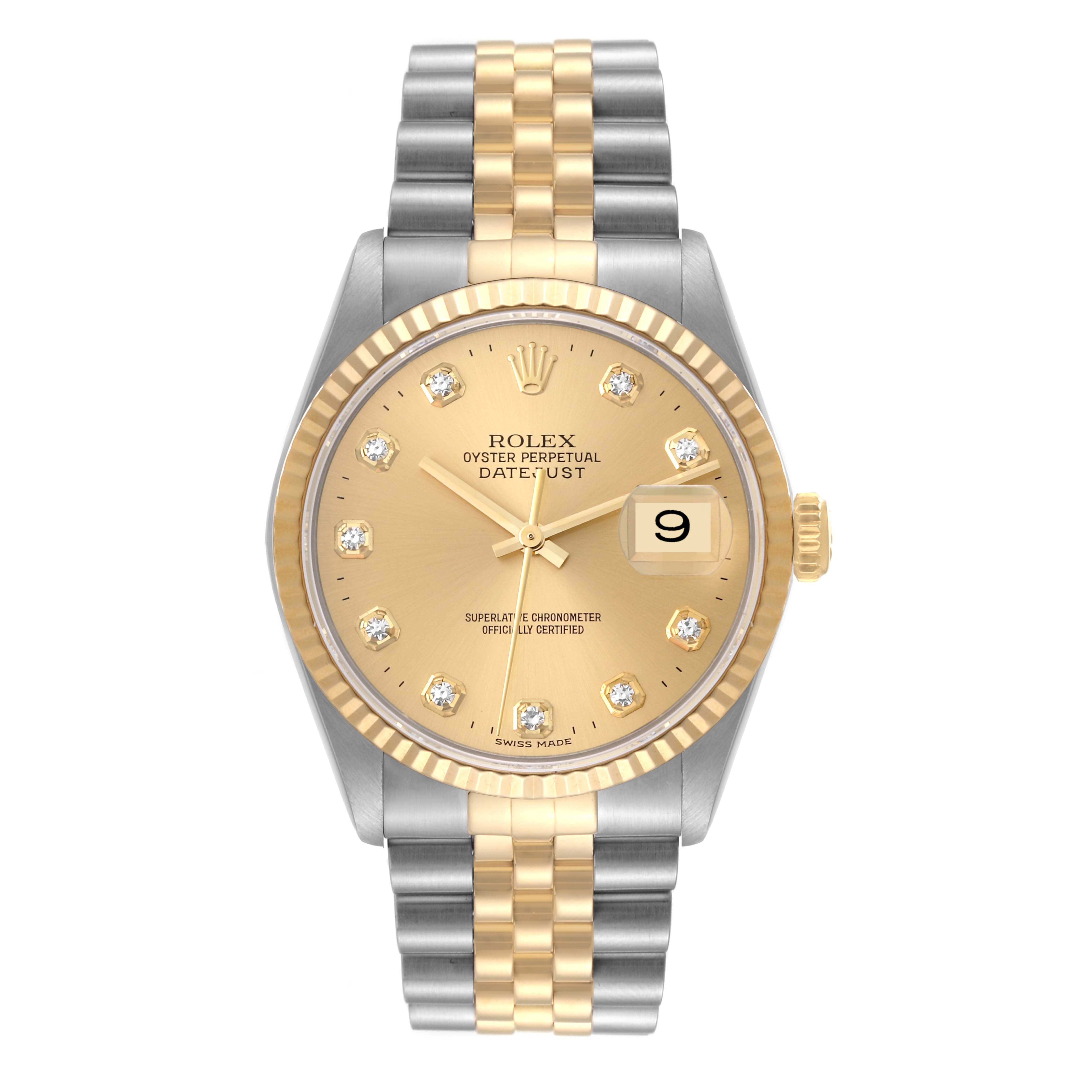 The image shows a top-down view of a Rolex Datejust 16233 Men's Stainless Steel Champagne Dial 16233 Men's Stainless Steel Champagne Dial watch, highlighting its gold and silver bracelet and diamond-encrusted dial.