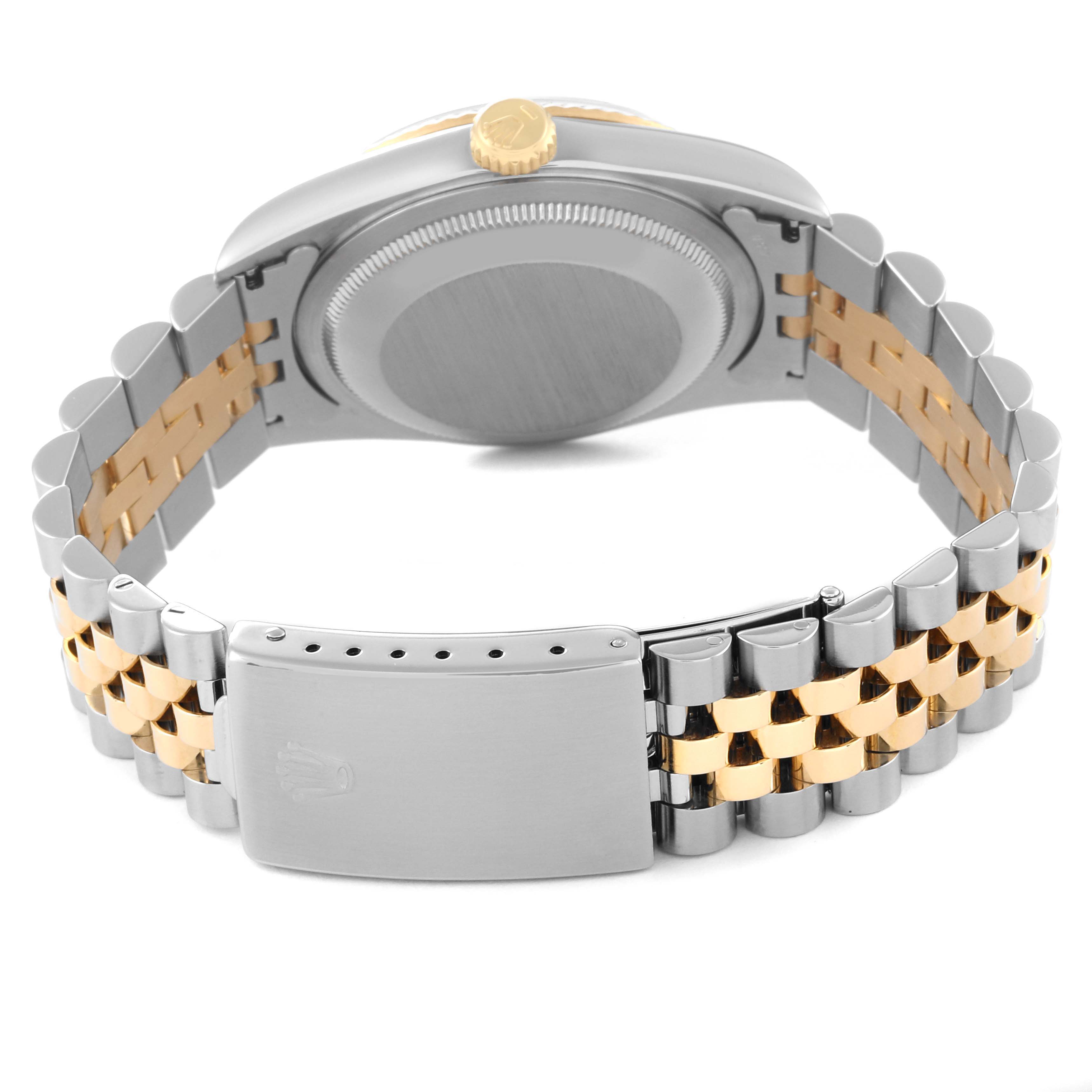 This image shows the back of a Rolex Datejust 16233 Men's Stainless Steel Champagne Dial 16233 Men's Stainless Steel Champagne Dial watch, highlighting the clasp and bracelet.