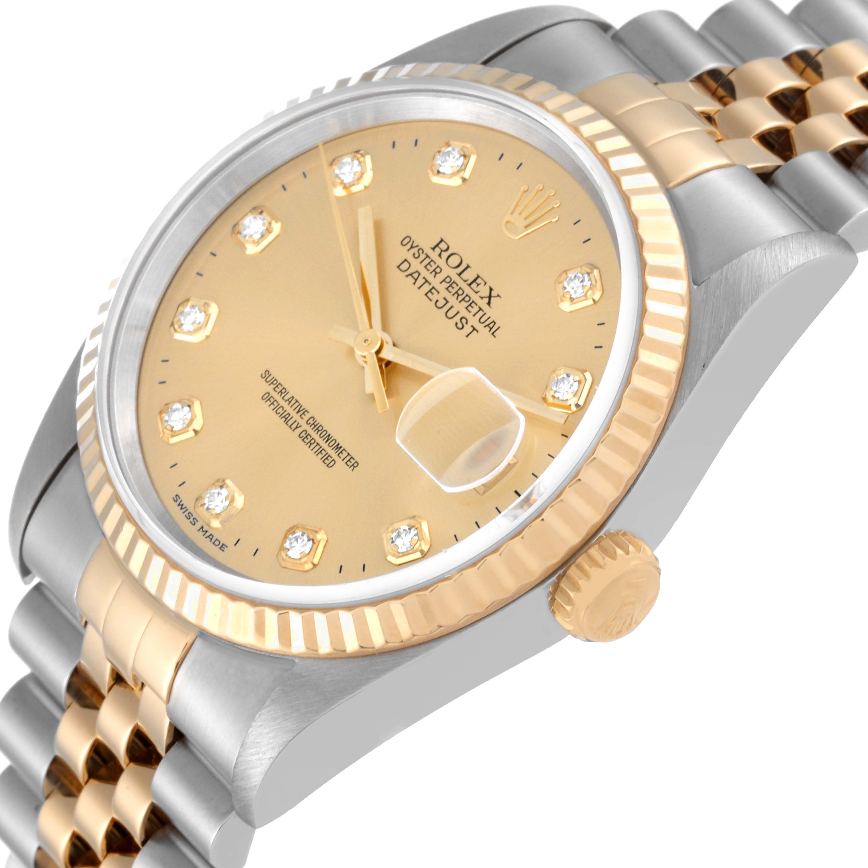 The image shows a close-up, angled view of the Rolex Datejust 16233 Men's Stainless Steel Champagne Dial 16233 Men's Stainless Steel Champagne Dial watch dial, crown, bezel, and part of the bracelet.