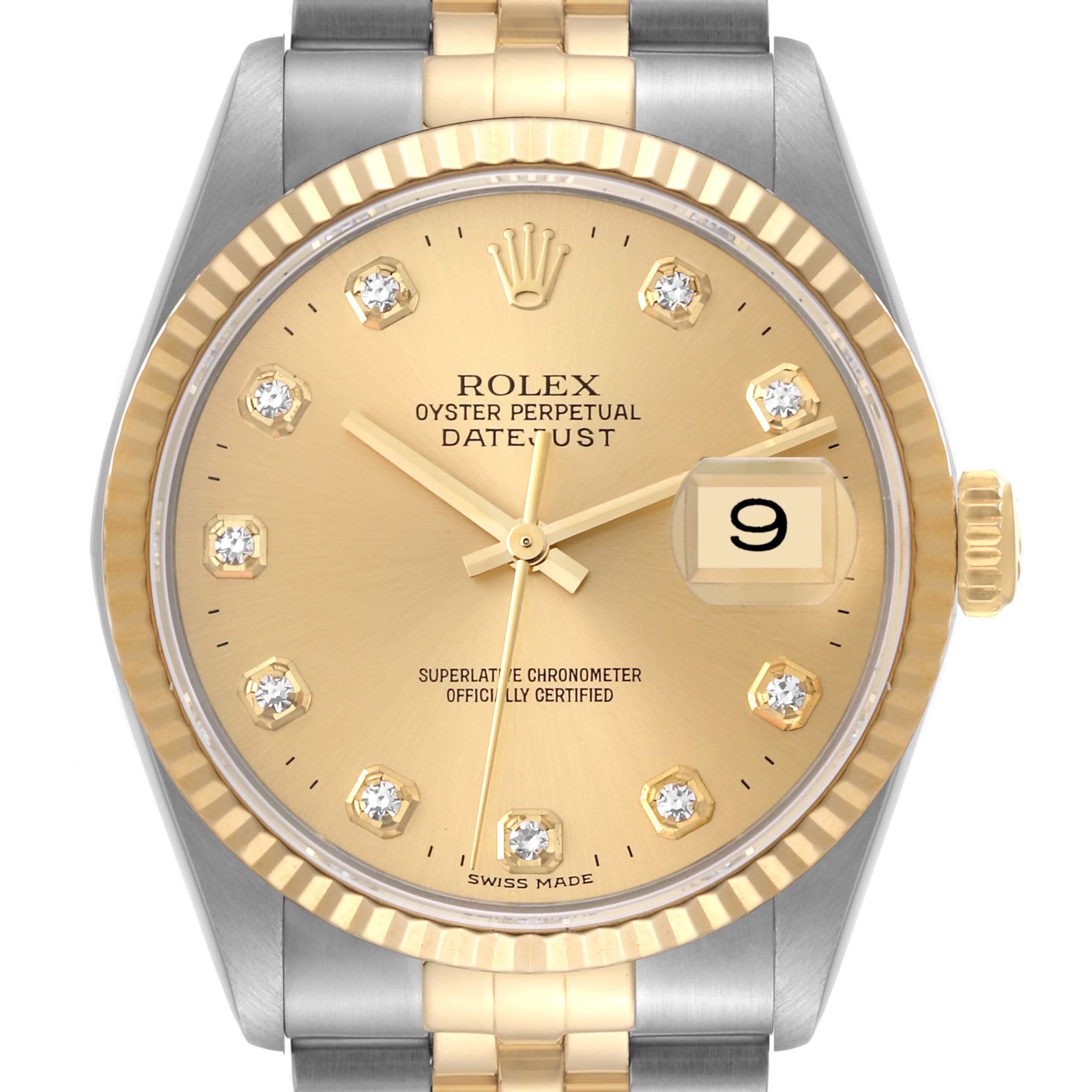 This front-facing image shows the dial and part of the bracelet of a Rolex Datejust 16233 Men's Stainless Steel Champagne Dial 16233 Men's Stainless Steel Champagne Dial watch.
