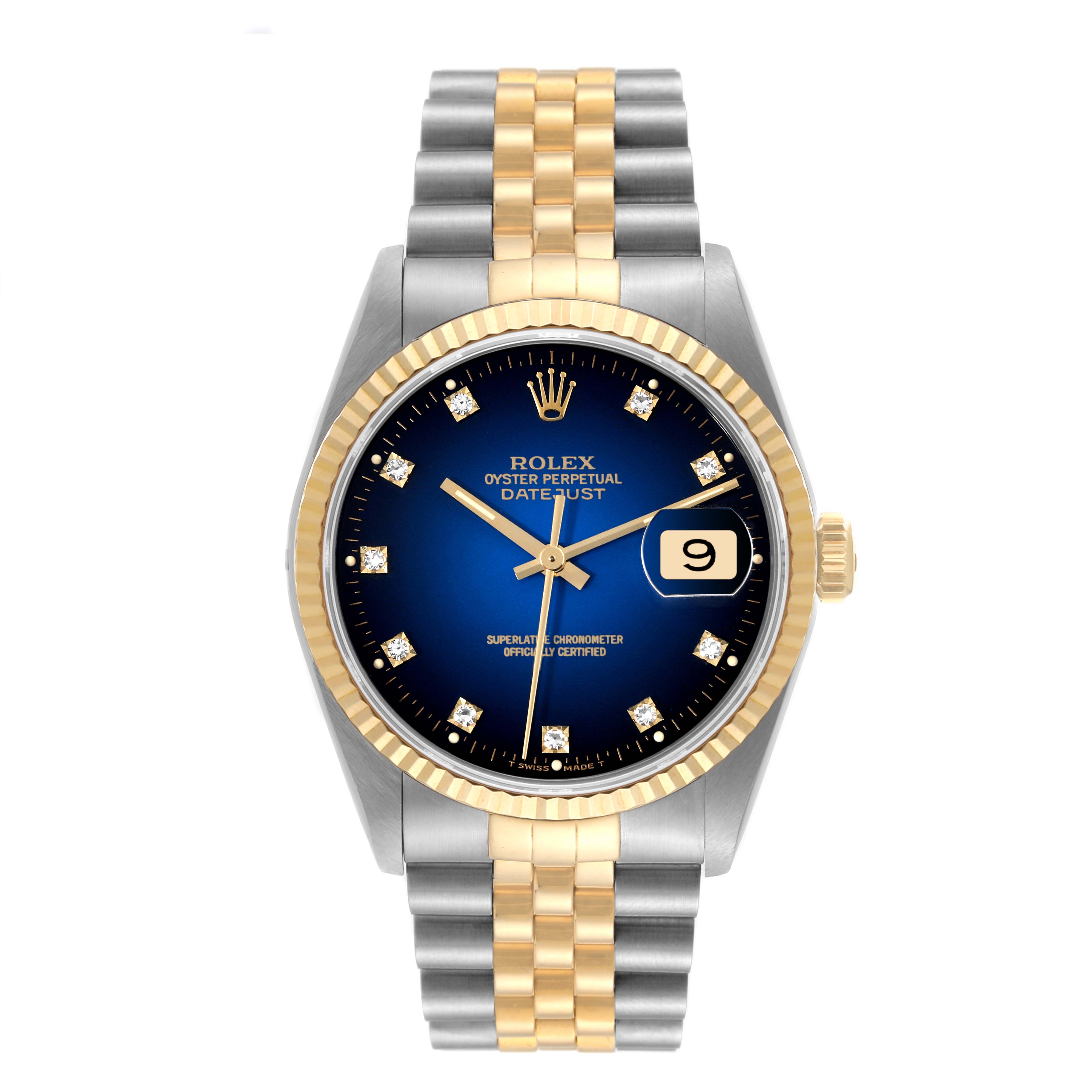 This image shows a front view of a Rolex Datejust 16233 Men's Stainless Steel Blue Dial 16233 Men's Stainless Steel Blue Dial watch, displaying the face, bezel, crown, and bracelet.