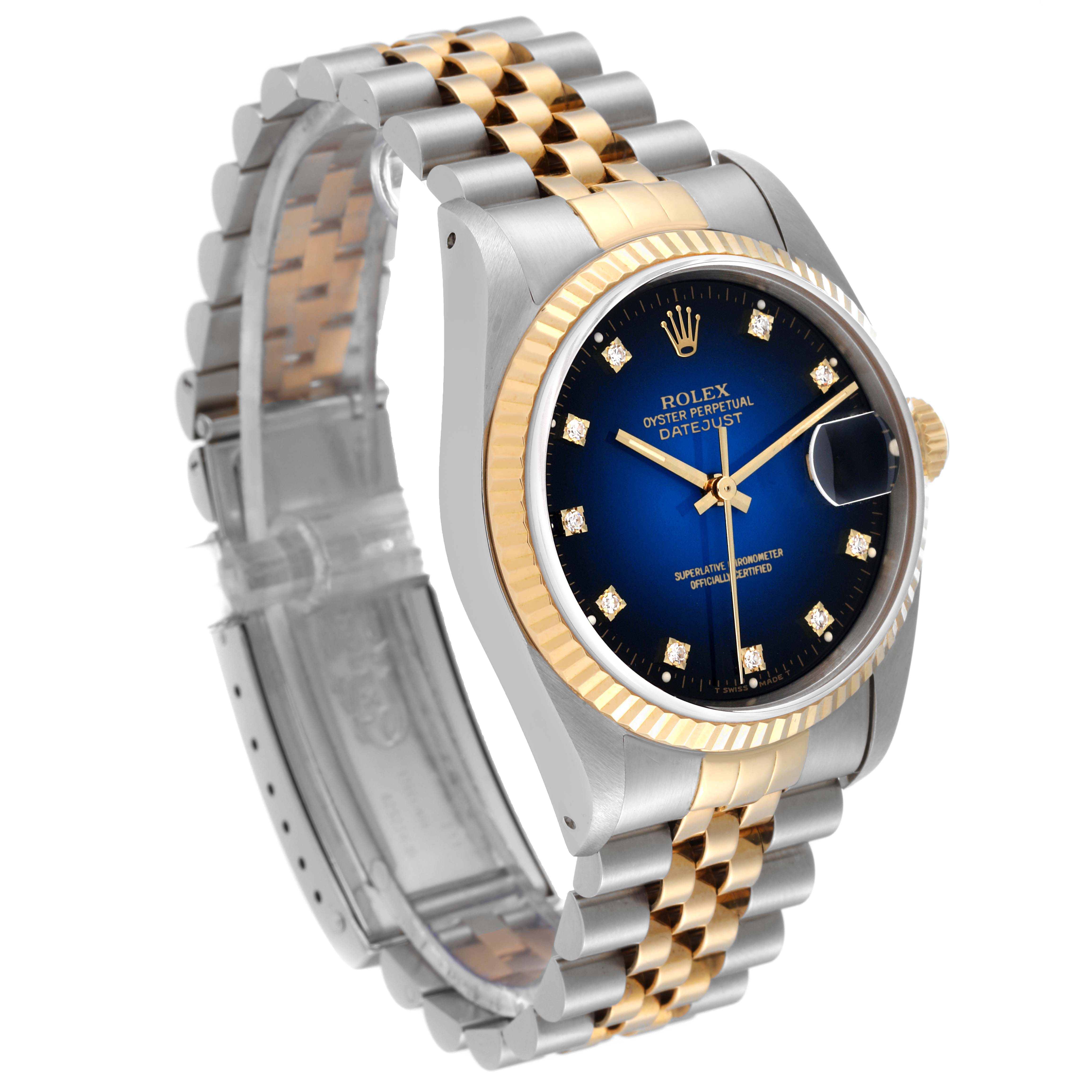 The image shows a side angle of the Rolex Datejust 16233 Men's Stainless Steel Blue Dial 16233 Men's Stainless Steel Blue Dial watch, highlighting its dial, bezel, and bracelet.