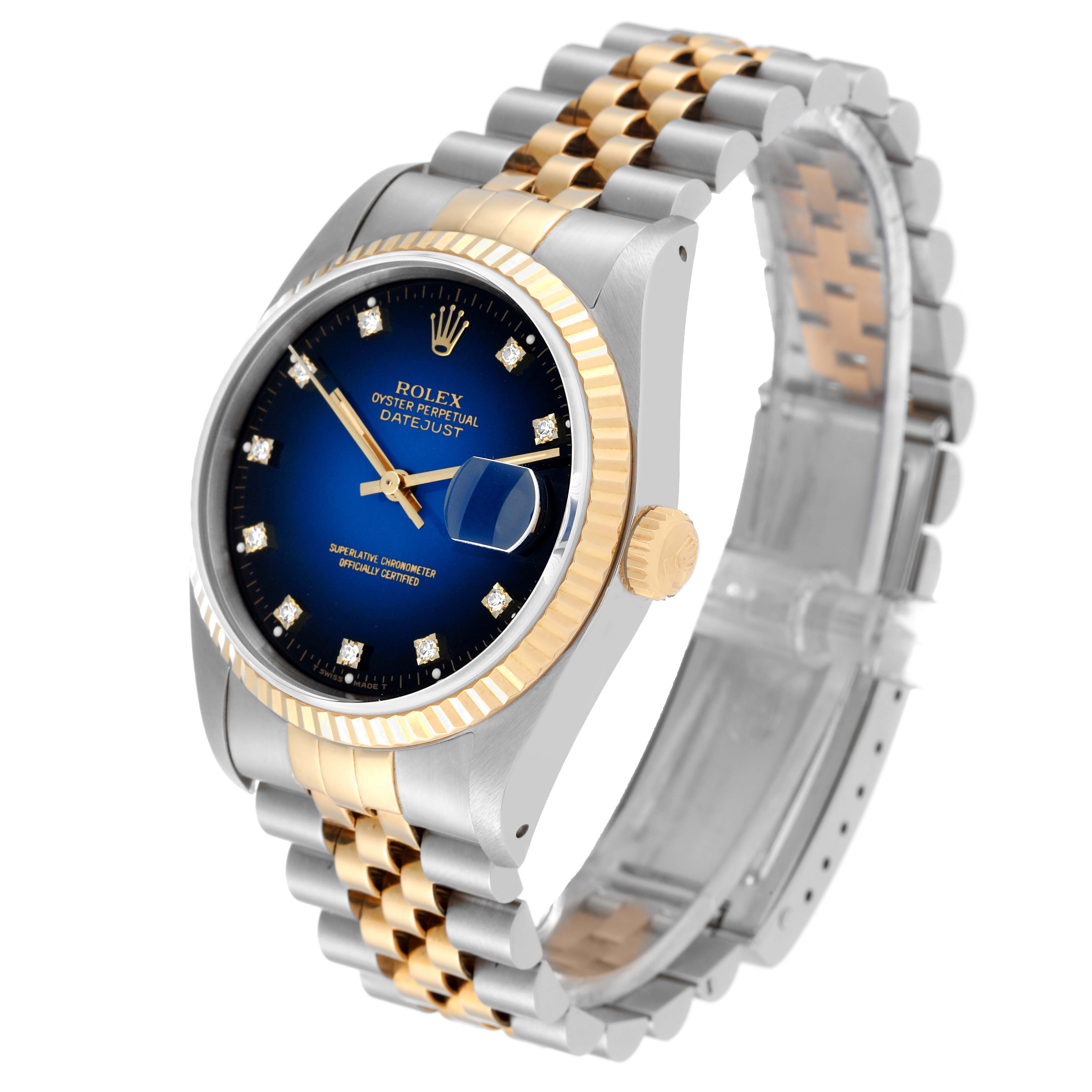 This image shows a Rolex Datejust 16233 Men's Stainless Steel Blue Dial 16233 Men's Stainless Steel Blue Dial watch at an angled side view, highlighting the face, bezel, crown, and bracelet.