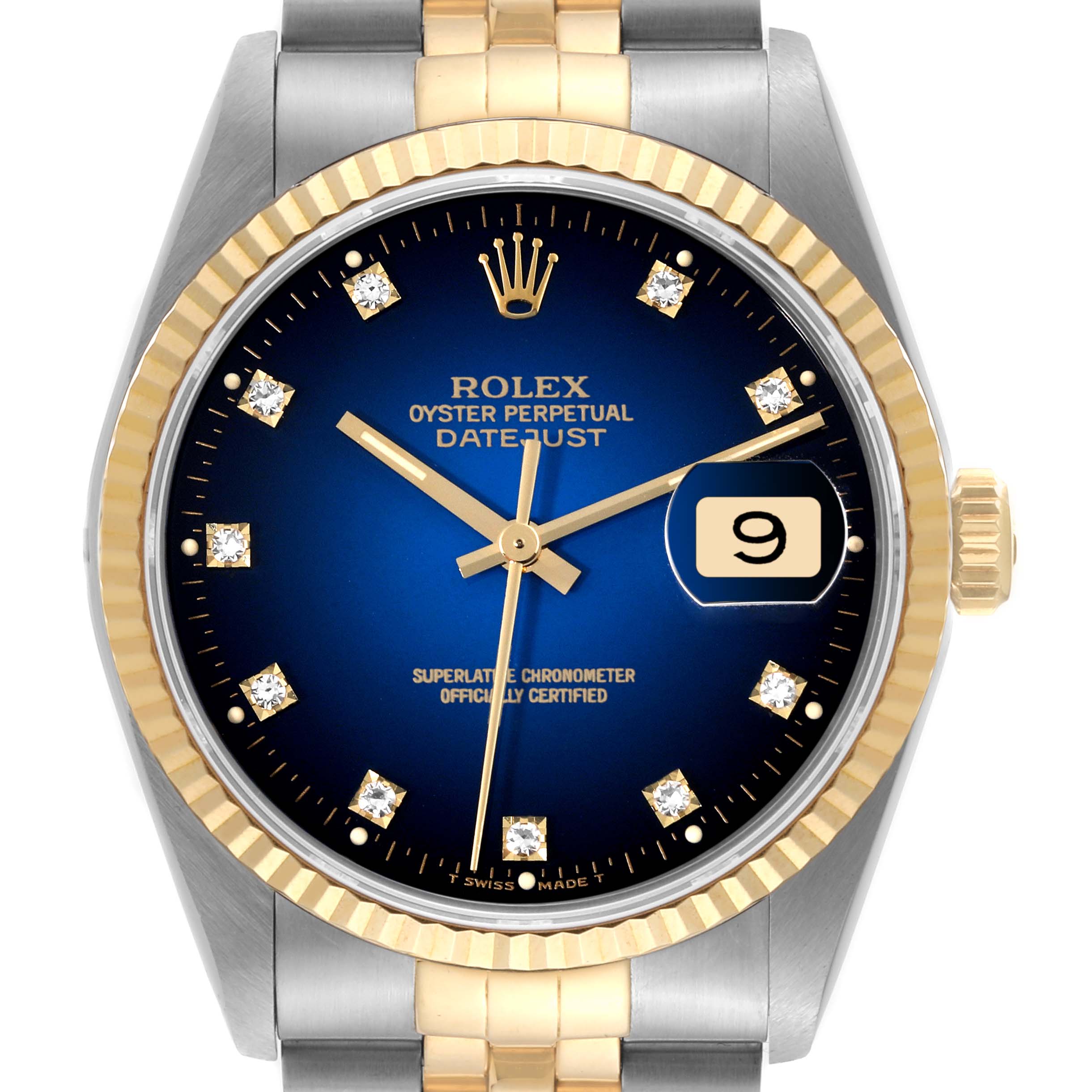 The image shows a Rolex Datejust 16233 Men's Stainless Steel Blue Dial 16233 Men's Stainless Steel Blue Dial watch from a front angle, highlighting the bezel, dial, hands, bracelet, and date window.
