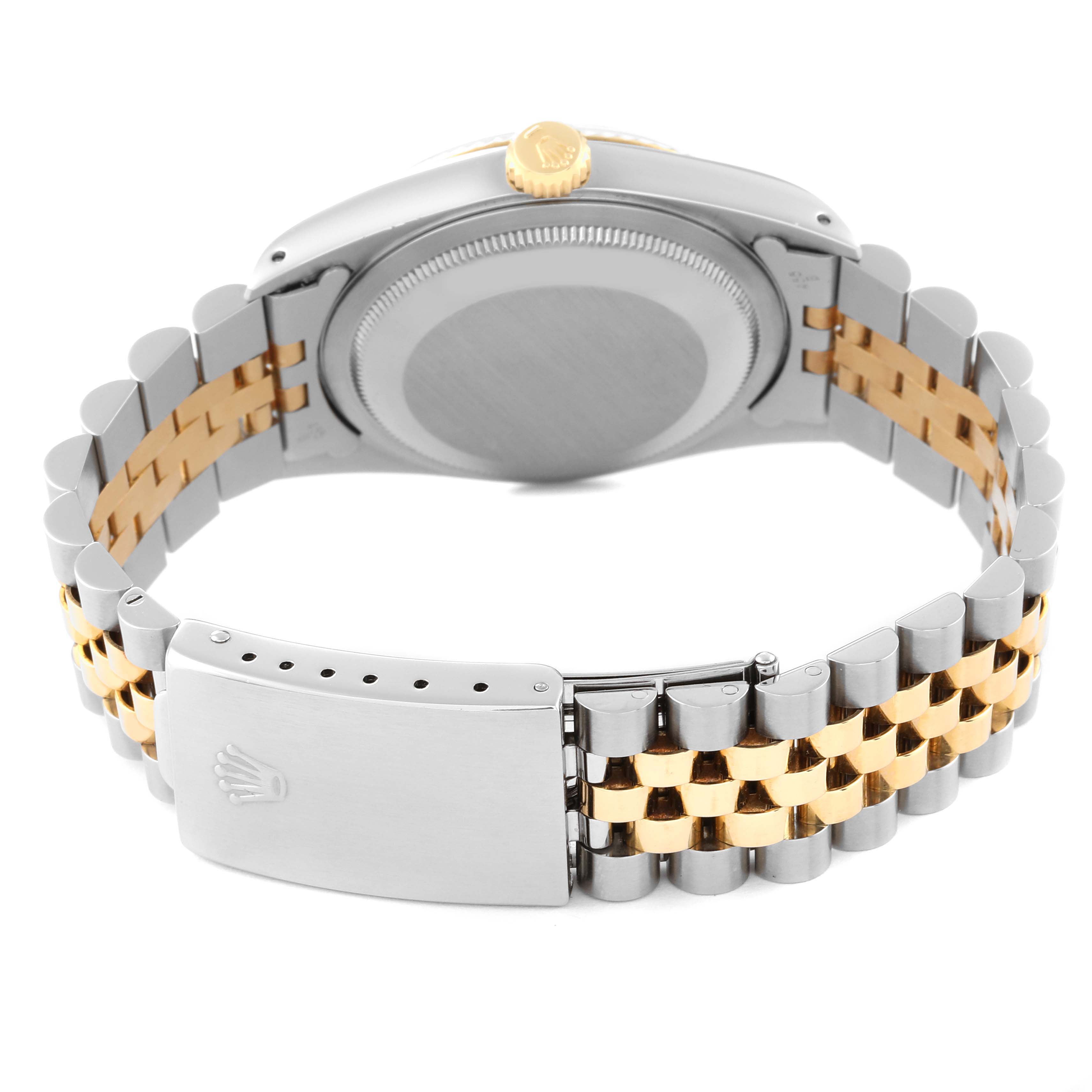 This image shows the back of a Rolex Datejust 16233 Men's Stainless Steel Blue Dial 16233 Men's Stainless Steel Blue Dial watch, highlighting the case back and the two-tone bracelet with the clasp.