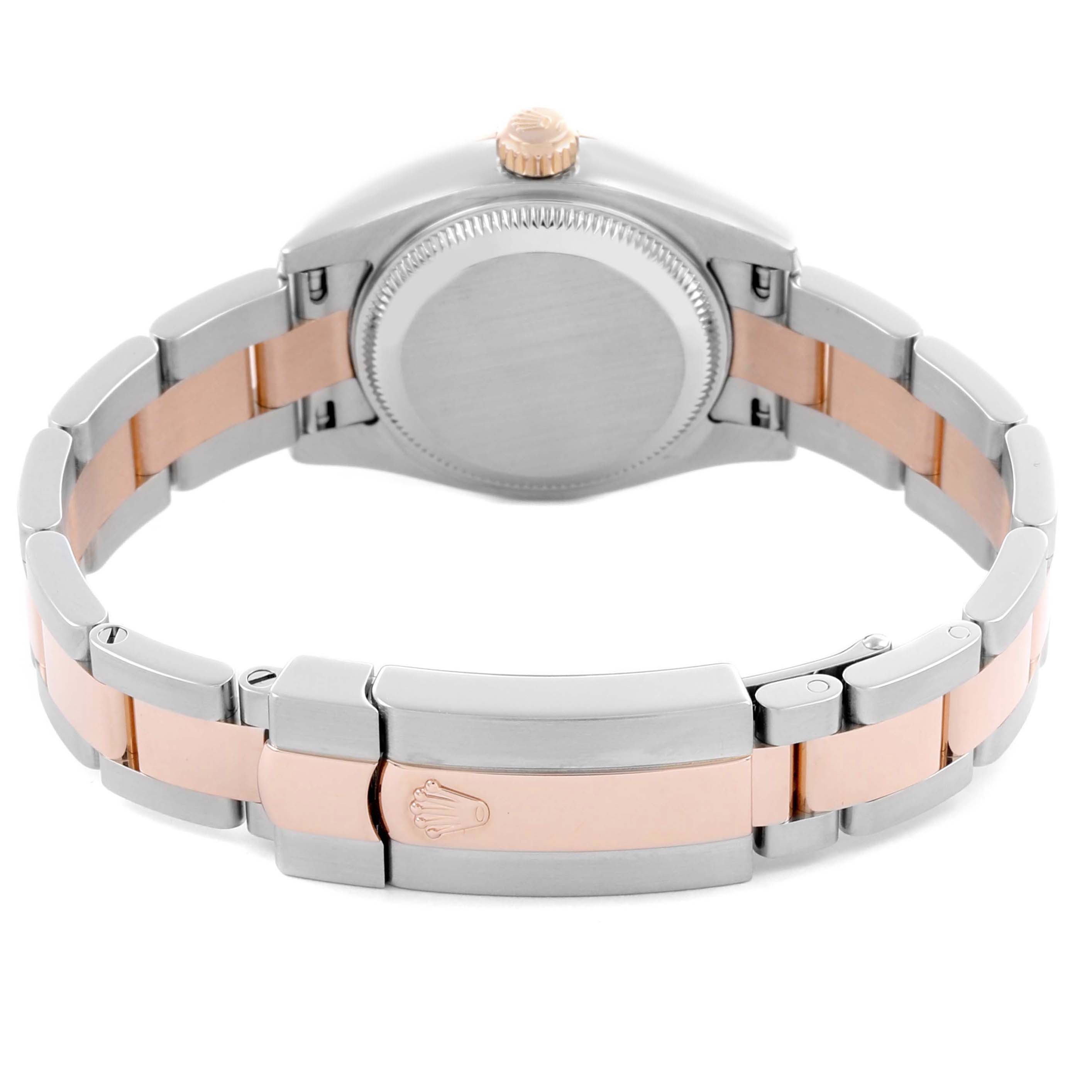 The image shows the back view of a Rolex Datejust 179171 Women's Steel and Gold (two tone) Pink Dial 179171 Women's Steel and Gold (two tone) Pink Dial, highlighting the case back, crown, and bracelet.