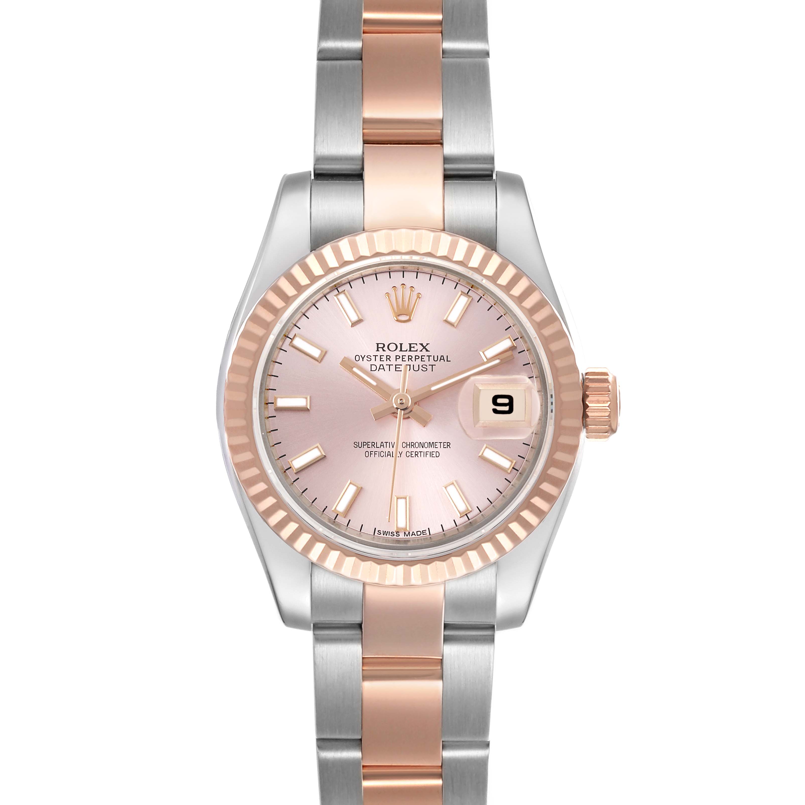 The Rolex Datejust 179171 Women's Steel and Gold (two tone) Pink Dial 179171 Women's Steel and Gold (two tone) Pink Dial watch is shown from the front, highlighting its dial, bezel, case, and bracelet.