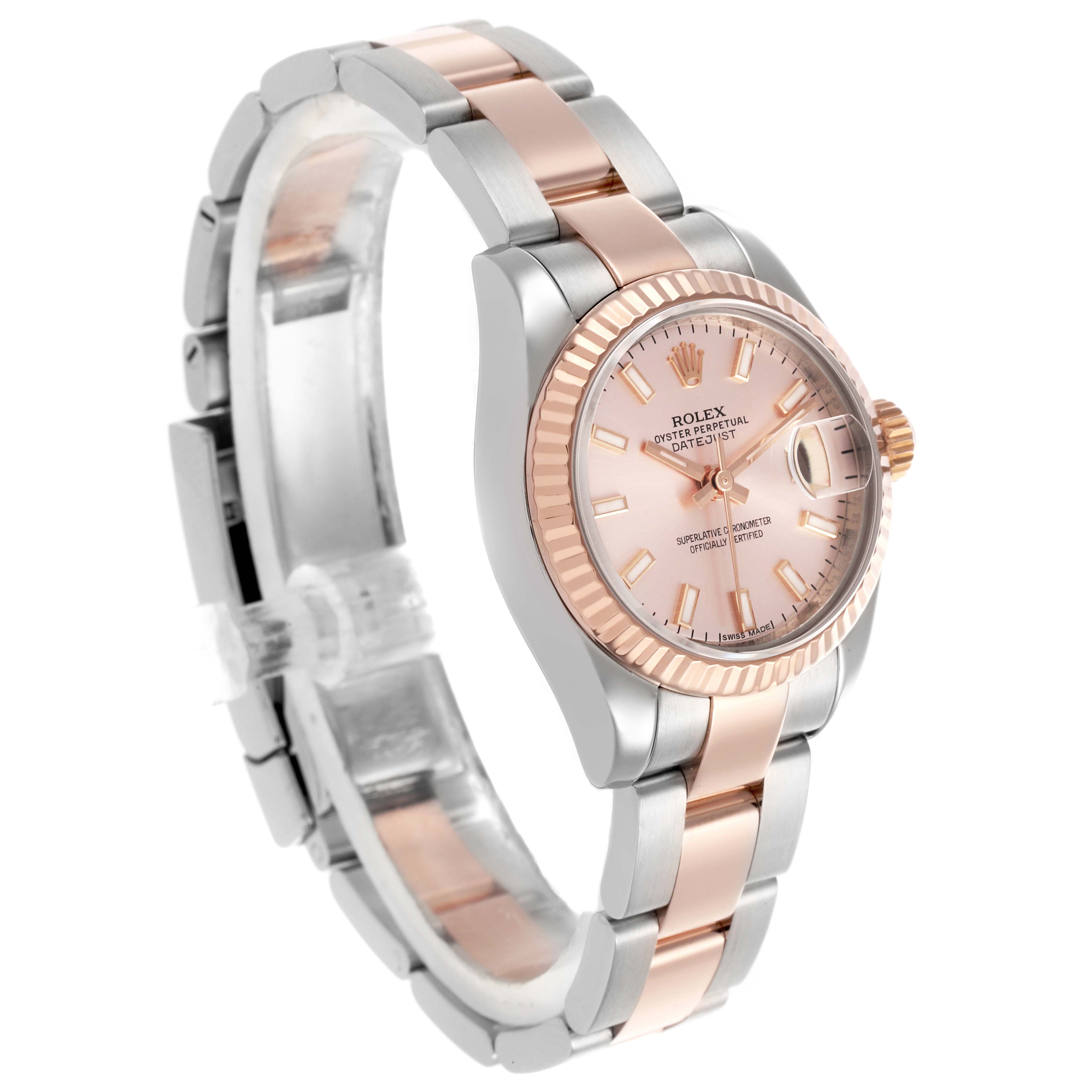 The Rolex Datejust 179171 Women's Steel and Gold (two tone) Pink Dial 179171 Women's Steel and Gold (two tone) Pink Dial watch is shown from a 3/4 angle, highlighting its rose gold bezel and two-tone bracelet.