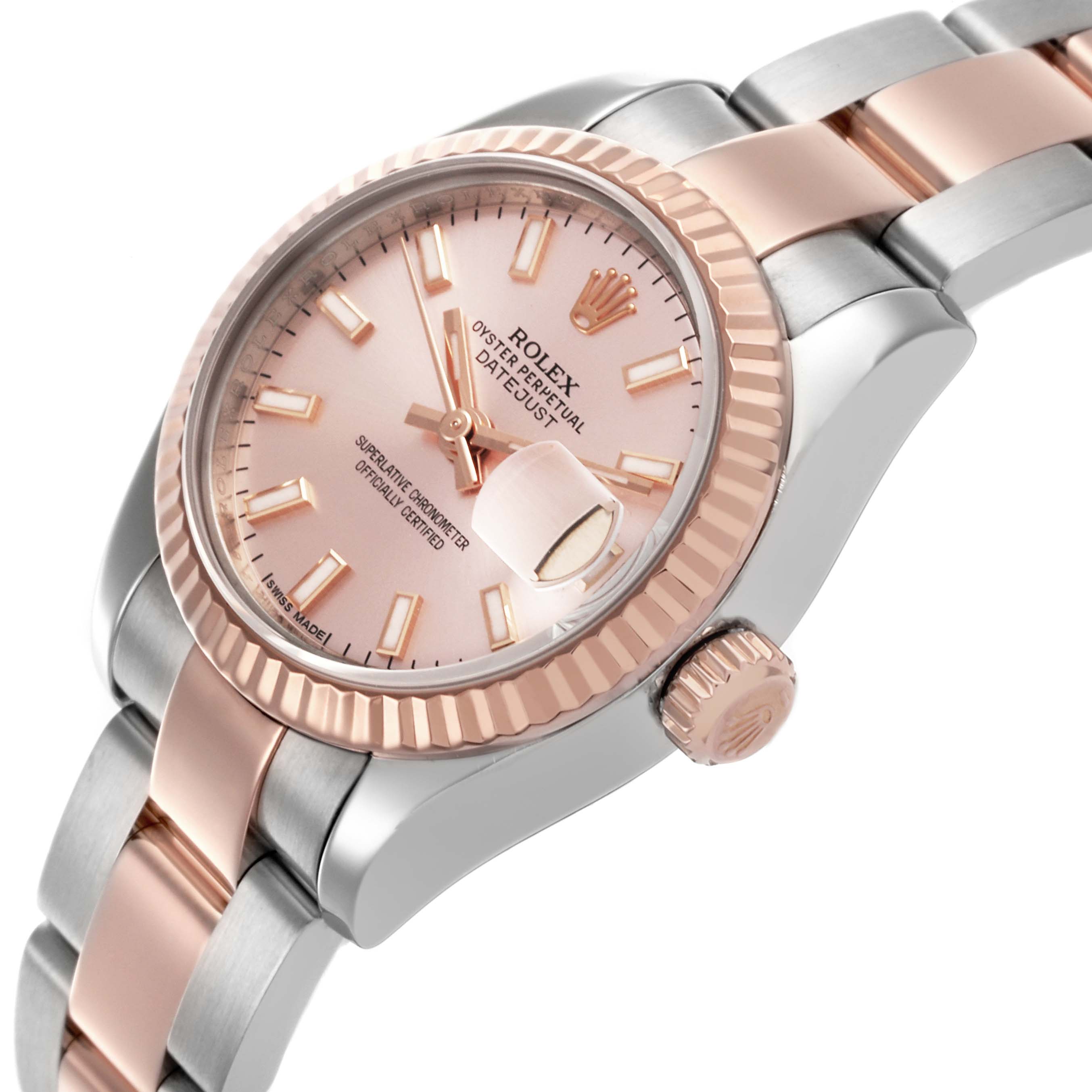 The Rolex Datejust 179171 Women's Steel and Gold (two tone) Pink Dial 179171 Women's Steel and Gold (two tone) Pink Dial watch is shown at a three-quarter angle, highlighting the face, bezel, crown, and bracelet.