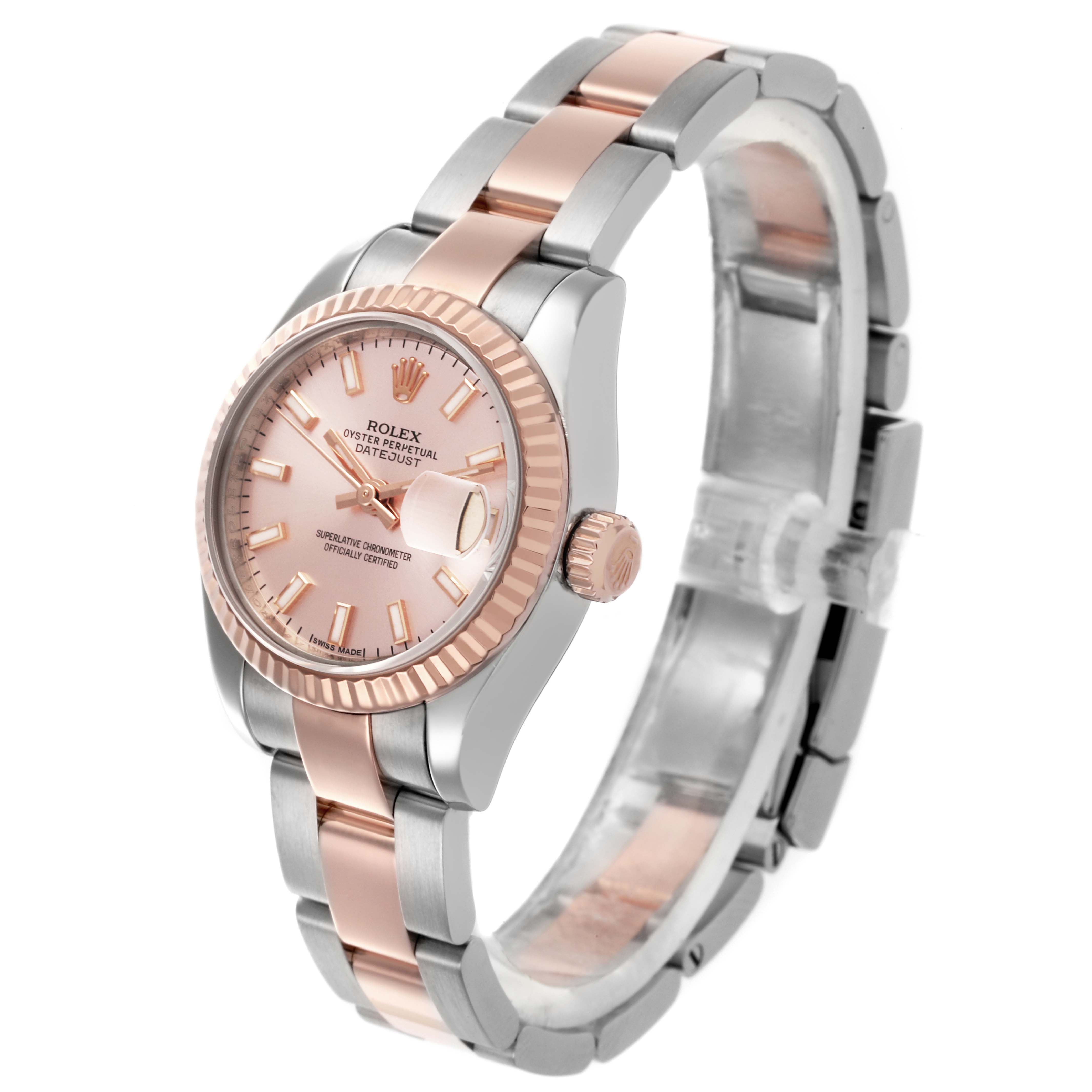The Rolex Datejust 179171 Women's Steel and Gold (two tone) Pink Dial 179171 Women's Steel and Gold (two tone) Pink Dial watch is shown at a slight angle, highlighting the face, bezel, crown, and two-tone bracelet.