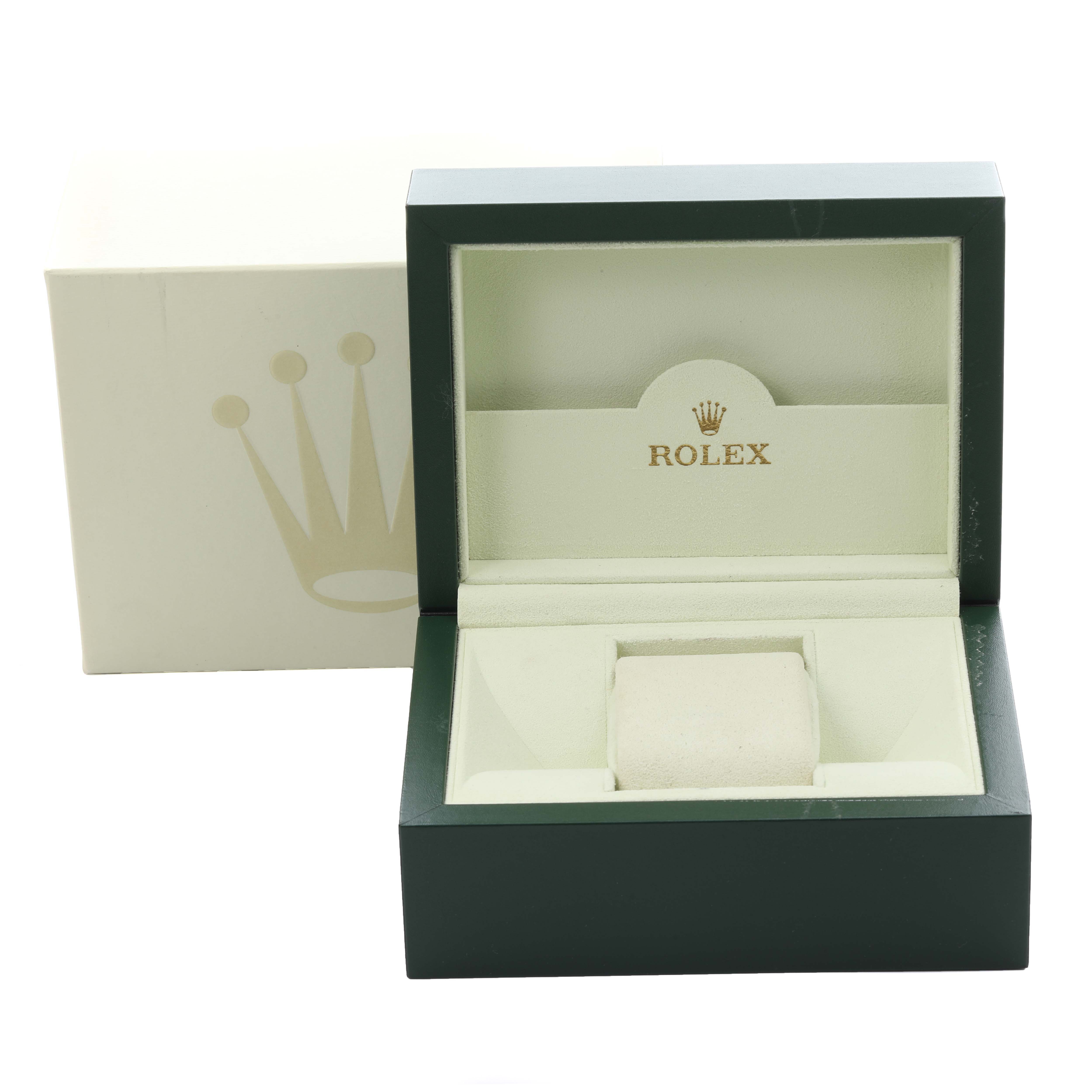 The image shows an empty Rolex Datejust 179171 Women's Steel and Gold (two tone) Pink Dial 179171 Women's Steel and Gold (two tone) Pink Dial watch box, open at the front with the brand logo visible inside and on the outer box.