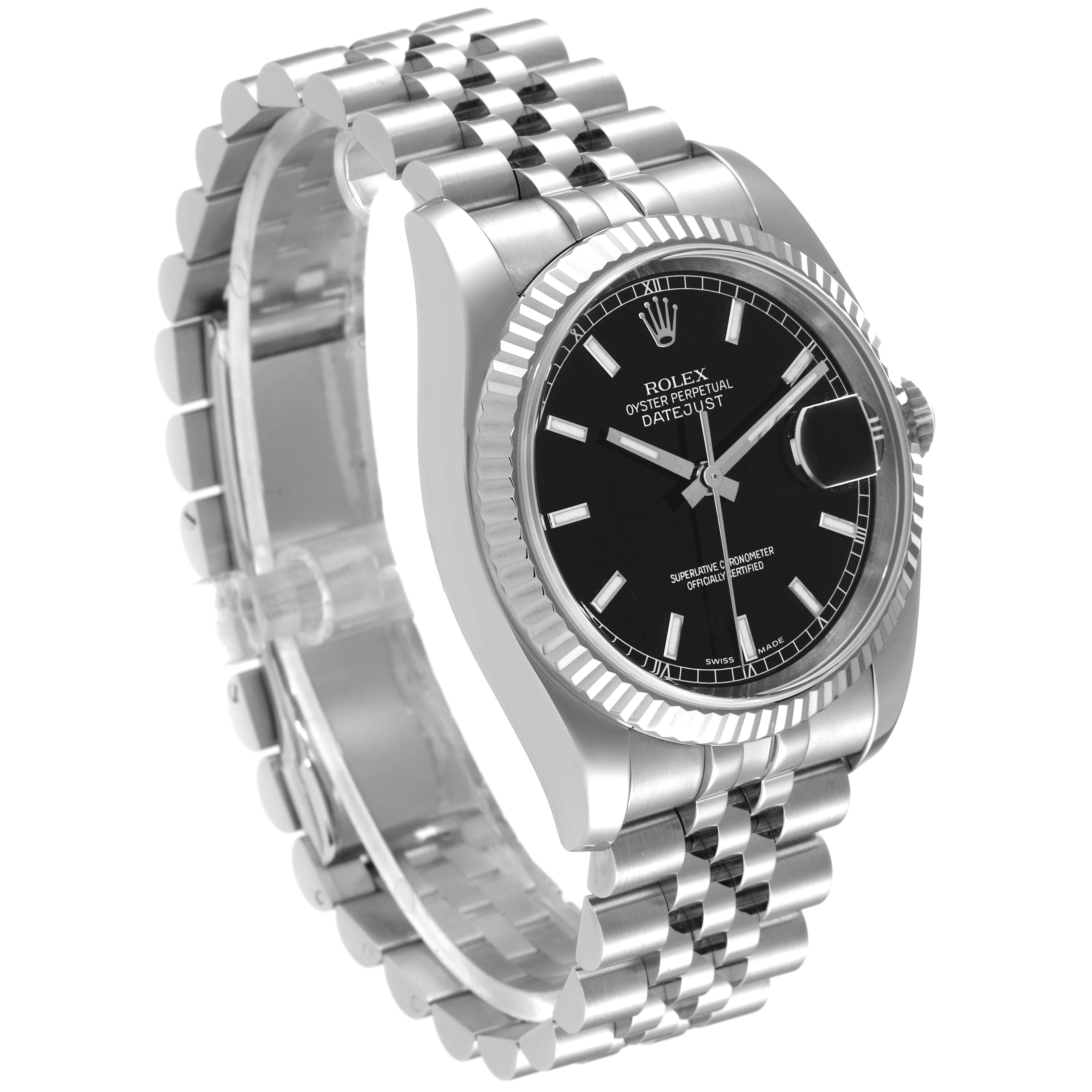 This image shows a Rolex Datejust 116234 Men's Stainless Steel Black Dial 116234 Men's Stainless Steel Black Dial watch at a slight angle, featuring its black dial and silver jubilee bracelet.