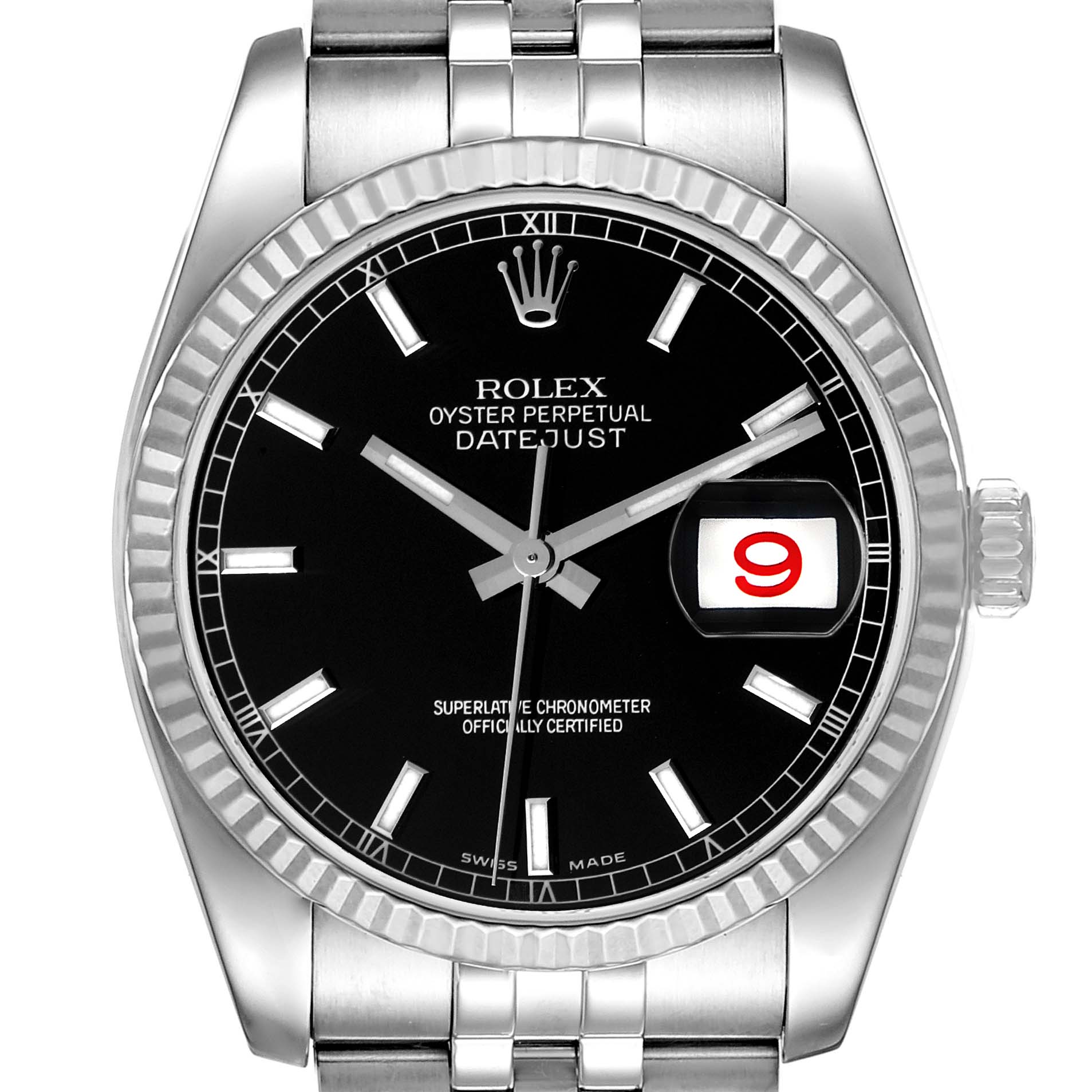 This is a front view of a Rolex Datejust 116234 Men's Stainless Steel Black Dial 116234 Men's Stainless Steel Black Dial watch displaying its black dial, date window, fluted bezel, and part of the bracelet.