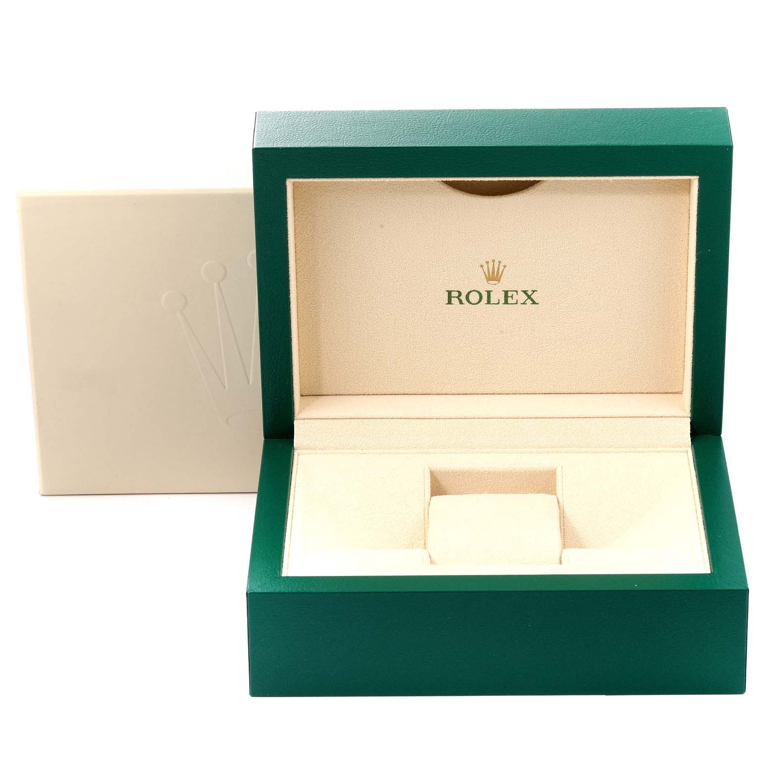 This image shows an open green and beige watch box for a Rolex Datejust 116234 Men's Stainless Steel Black Dial 116234 Men's Stainless Steel Black Dial model.